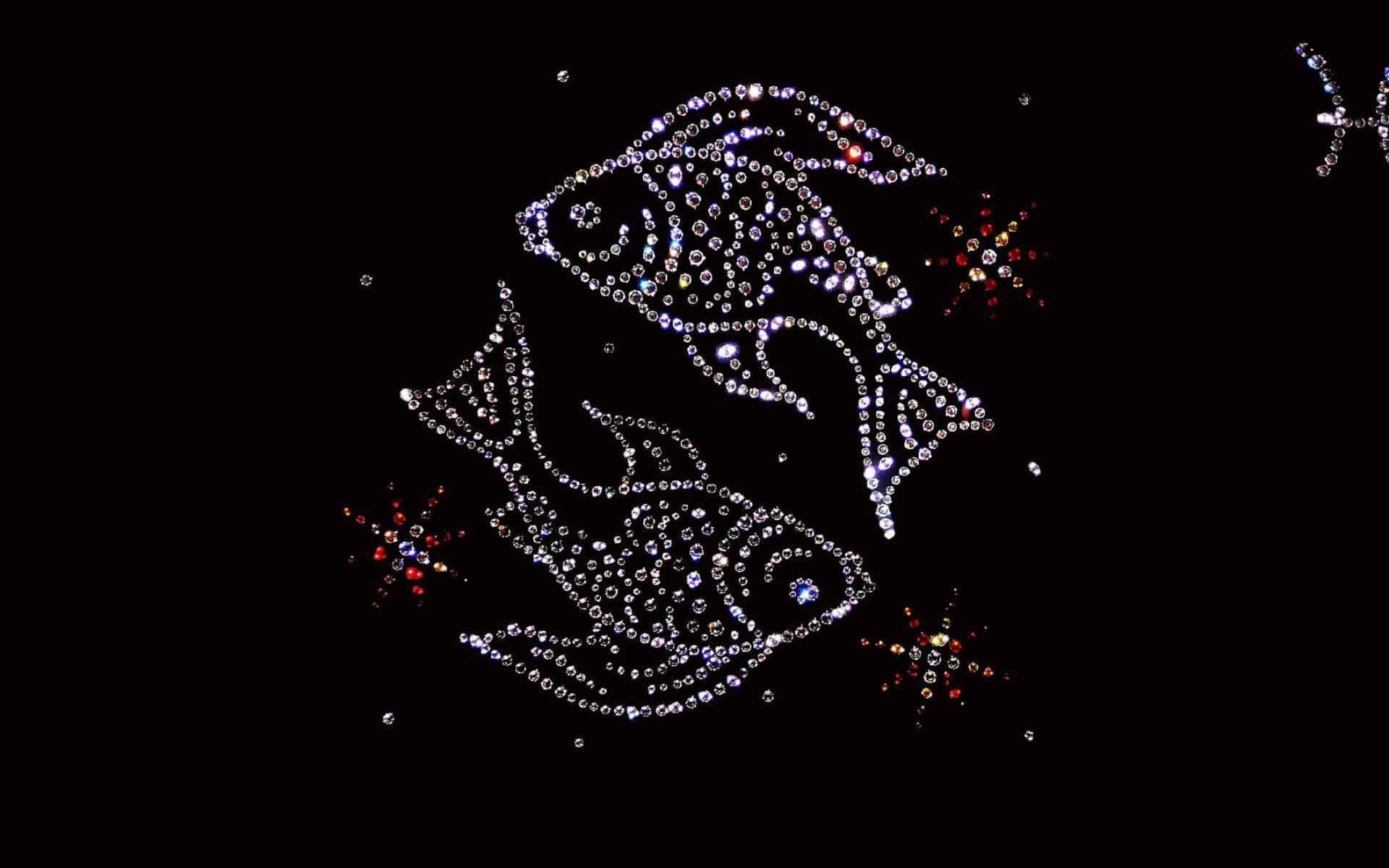 雙魚座 桌布 壁紙 — 兩個魚星座在深黑色的夜空中閃爍著閃亮的水晶，點綴著色彩繽紛的星爆。