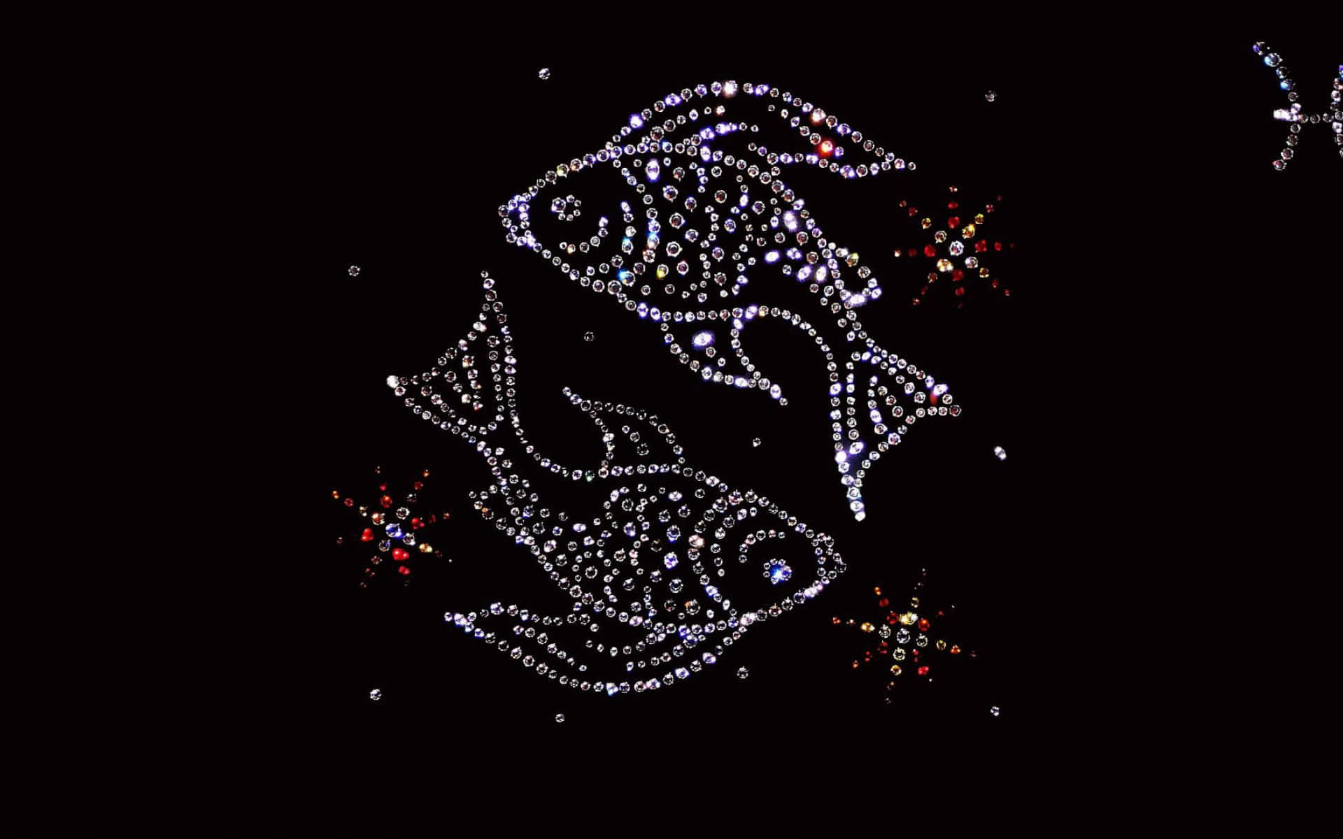 桌布 壁紙 — 兩個魚星座在深黑色的夜空中閃爍著閃亮的水晶，點綴著色彩繽紛的星爆。