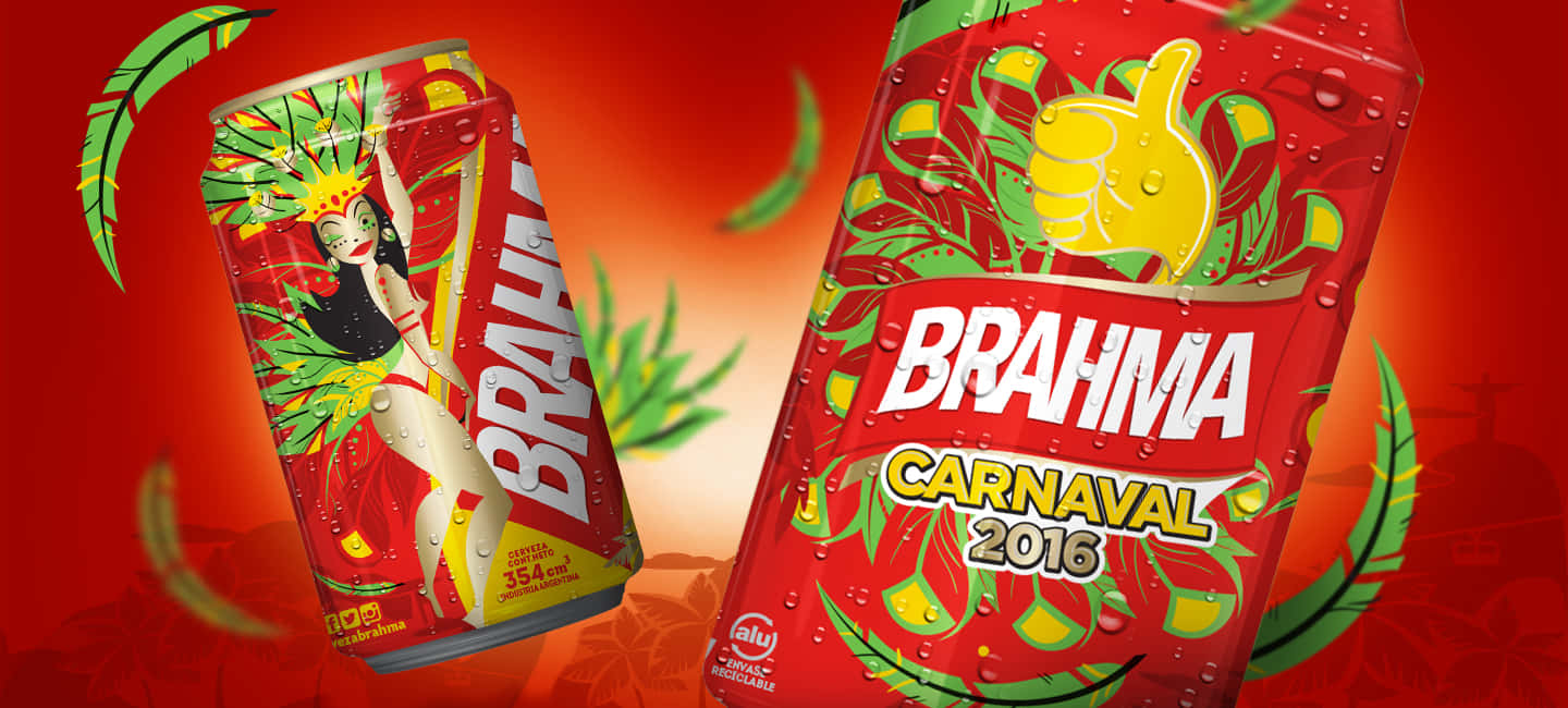 alcohol 桌布 壁紙 — 兩個鮮紅色的Brahma啤酒罐，帶有節日嘉年華藝術和綠色葉子點綴，襯托在火紅的背景上。