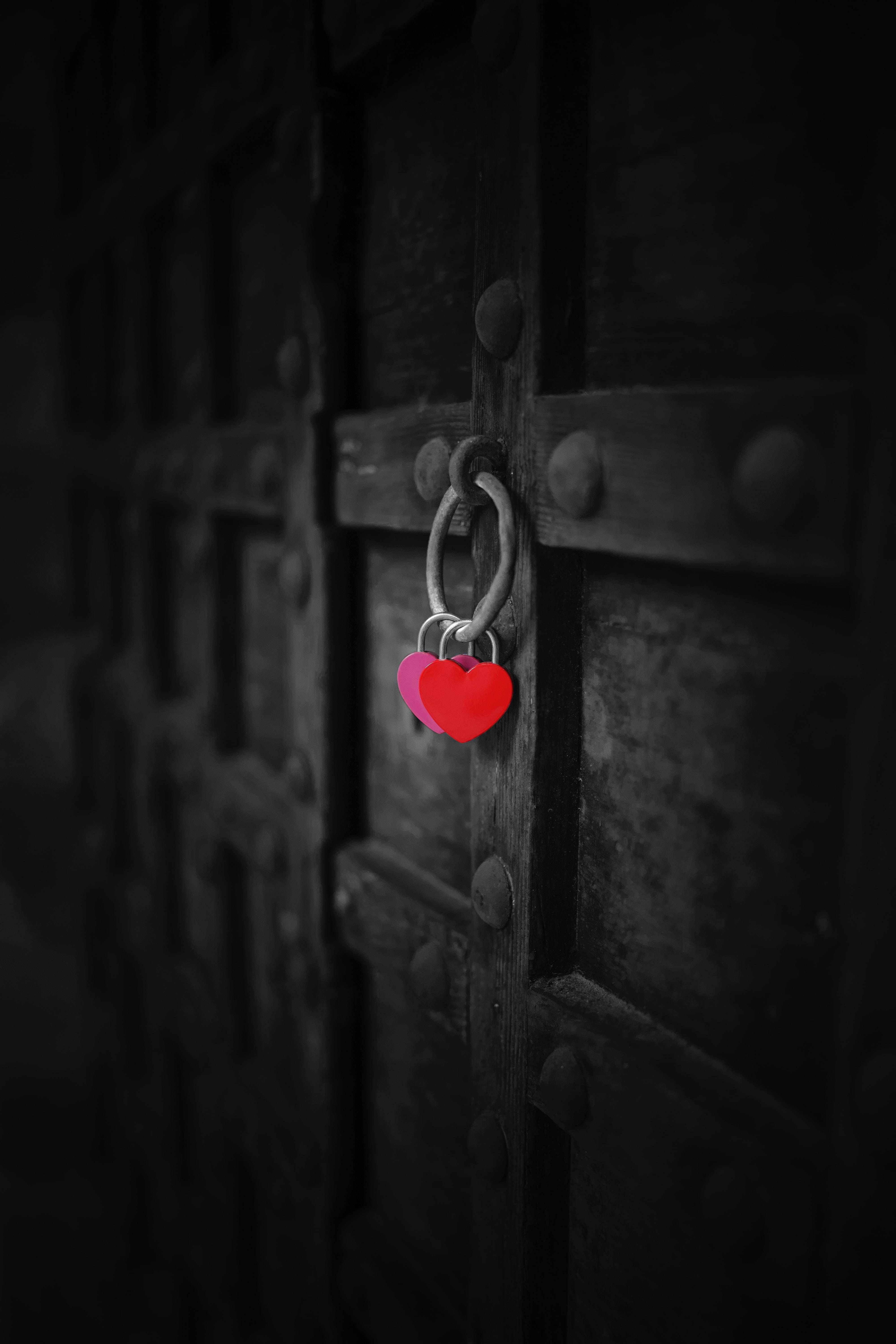 Dark Heart 桌布 壁紙 — 兩個鮮豔的心形掛鎖掛在深色金屬門上，呈現高對比度的黑白場景。