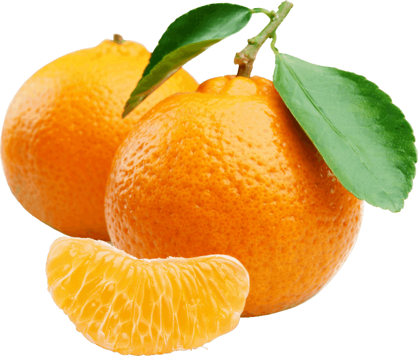 mandarin 桌布 壁紙 — 兩個鮮豔的柳橙，帶有綠葉和一片剝開的果肉，在純黑背景下展示多汁的柑橘。