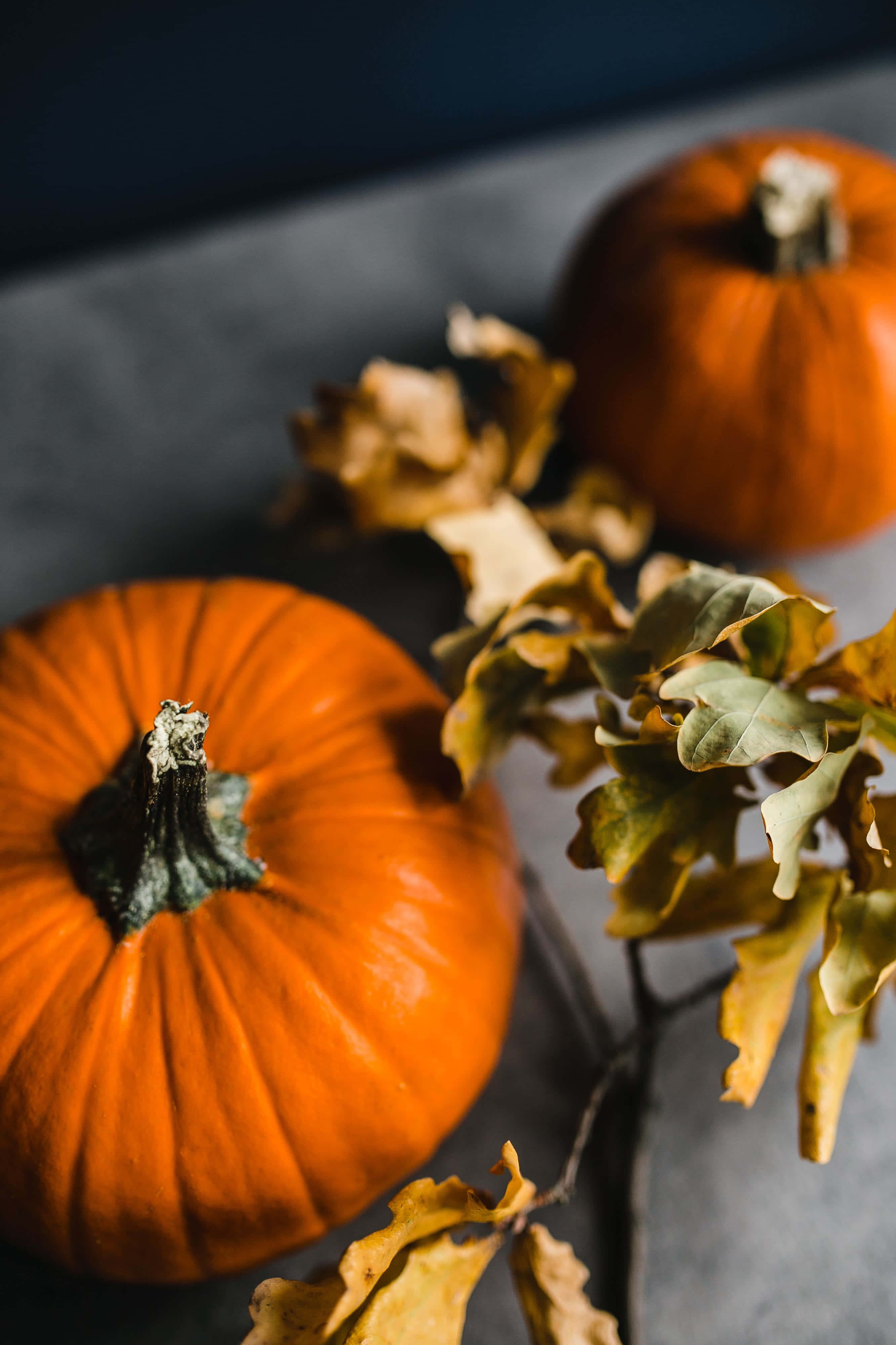 Autumn Food 桌布 壁紙 — 兩個鮮豔的橙色南瓜放在深灰色表面上，旁邊有秋葉，在柔和燈光下。