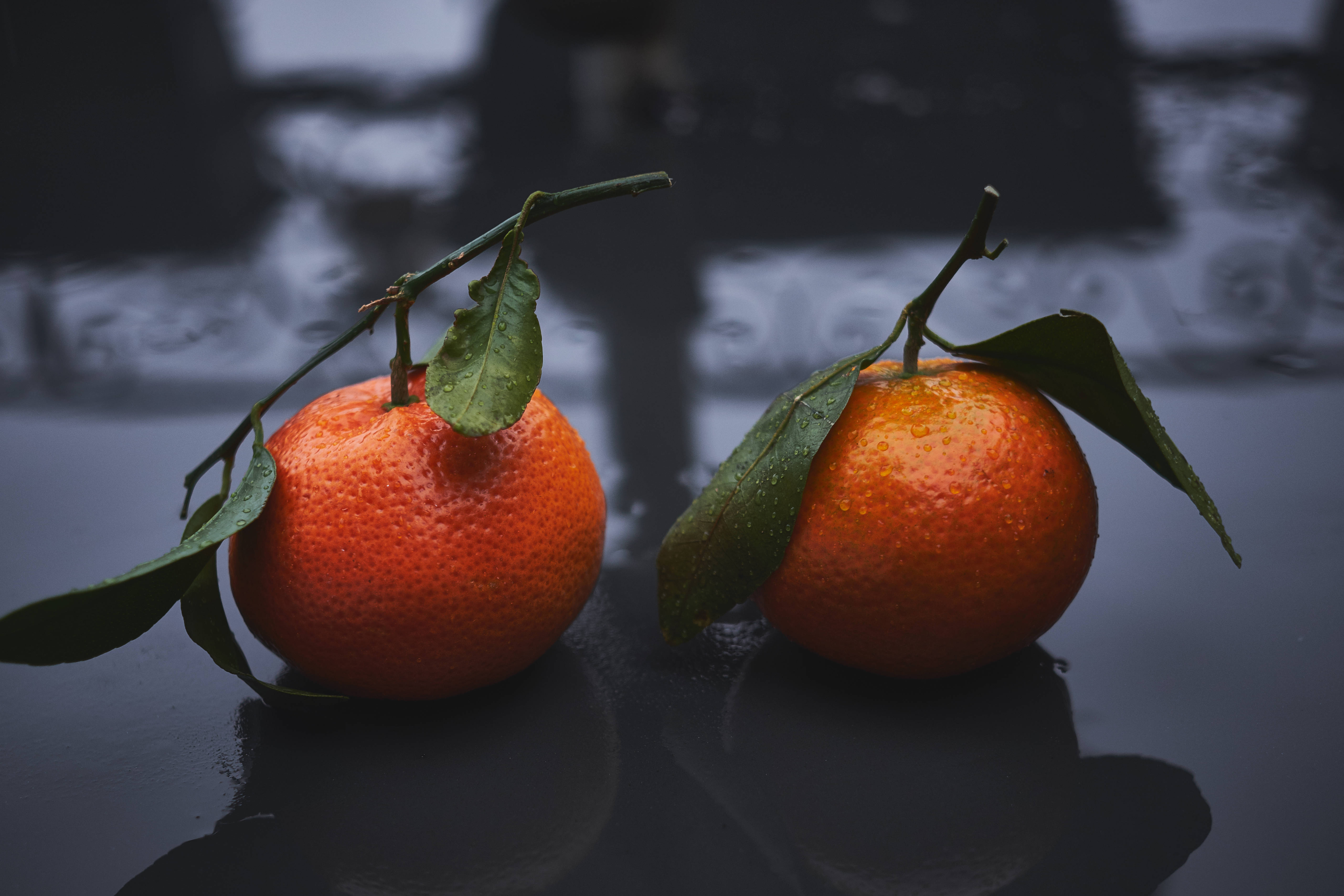 Fruit 桌布 壁紙 — 兩個鮮豔的橙色柑橘類水果，帶有綠色葉子，放在潮濕的深色表面上，反射出它們鮮豔的色彩。