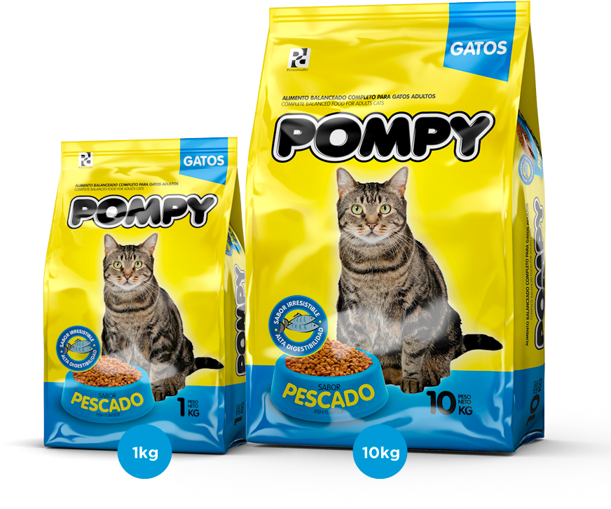 gato 桌布 壁紙 — 兩個鮮黃色的Pompy貓糧袋，上面有虎斑貓和魚味，背景是白色。
