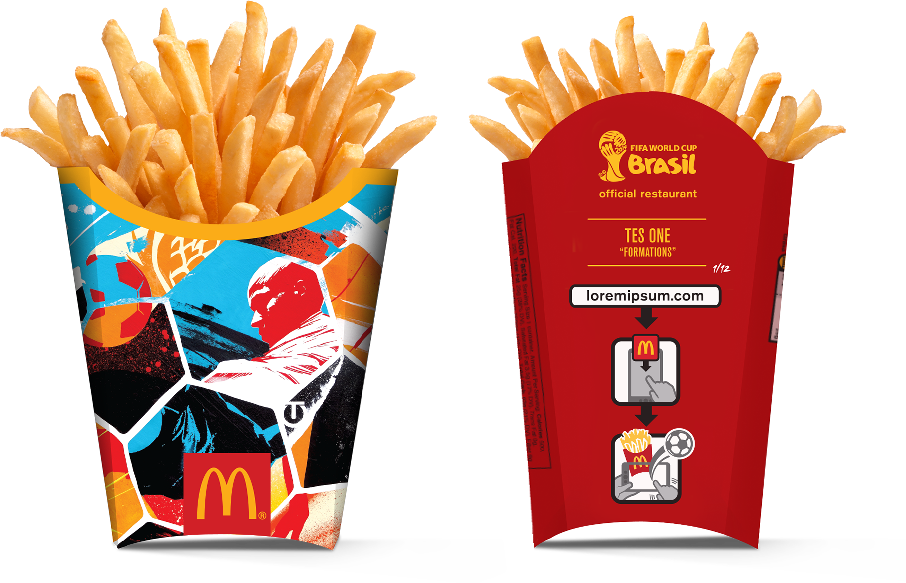 麥當勞 桌布 壁紙 — 兩個麥當勞薯條盒，一個色彩繽紛的足球主題，另一個紅色帶有FIFA世界盃品牌標誌。