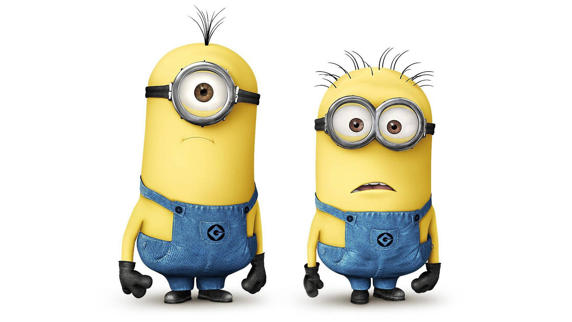 Despicable Me 2 桌布 壁紙 — 兩個黃色Minions，一個單眼一個雙眼，穿著牛仔吊帶褲，在白色背景前凝視觀眾。