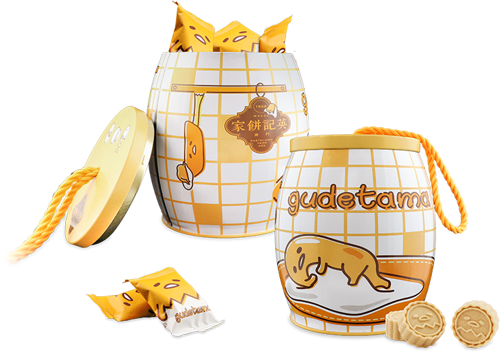 蛋黃哥 桌布 壁紙 — 兩個黃色和白色的 Gudetama 主題餅乾罐，帶有懶蛋角色設計和散落的零食包裝，背景為黑色。