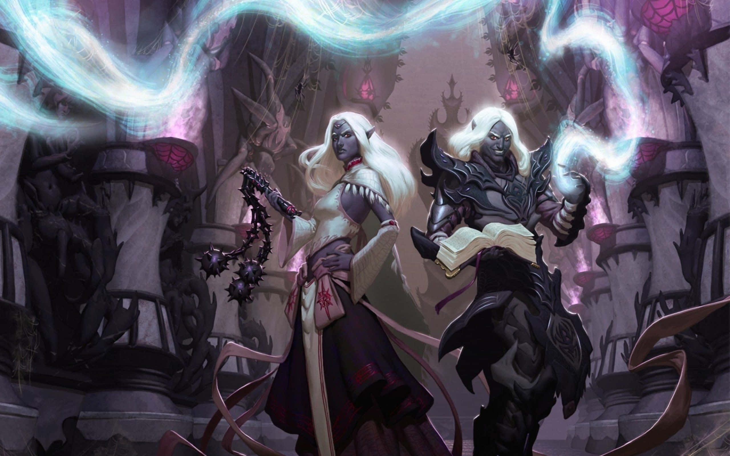 Dungeons And Dragons 桌布 壁紙 — 兩個黑暗奇幻人物在一個帶有懸掛燈籠和扭曲建築的哥德式大教堂中引導發光的藍色魔法。