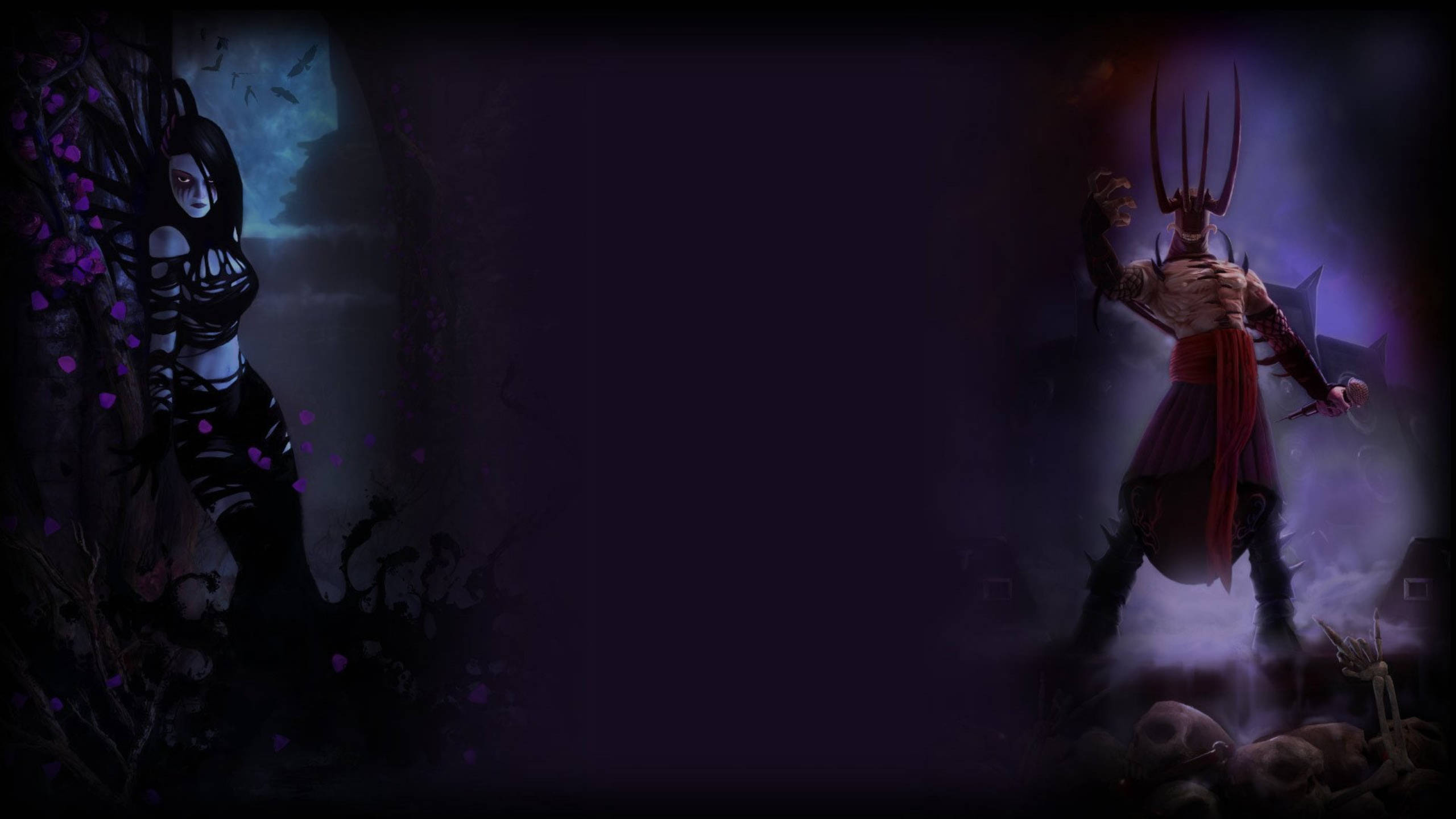 Brutal Legend 桌布 壁紙 — 兩個黑暗奇幻人物站在霧氣瀰漫的森林中，一個有蜘蛛般的肢體，另一個戴著尖刺頭盔和紅色飾帶。