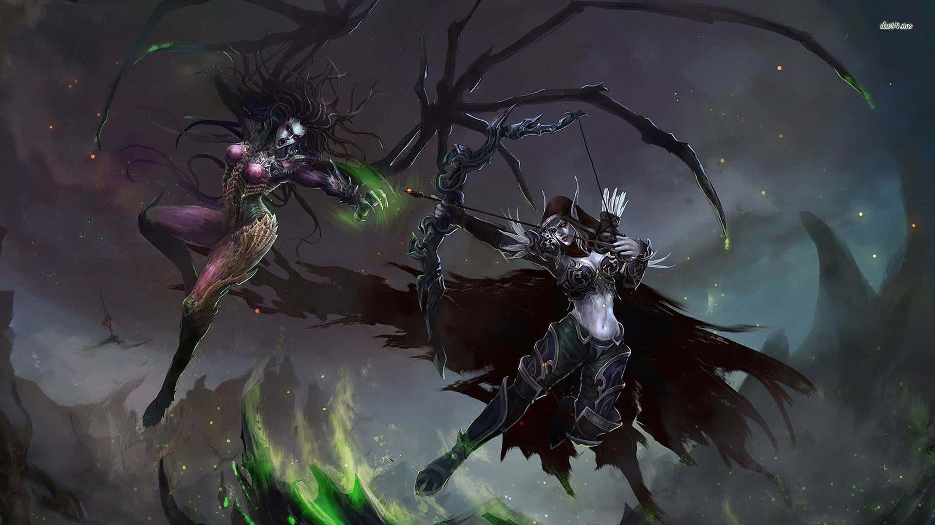 Sylvanas Windrunner 桌布 壁紙 — 兩個黑暗奇幻戰士在風暴中發光的綠色戰場上碰撞，帶有骷髏翅膀和魔法能量。