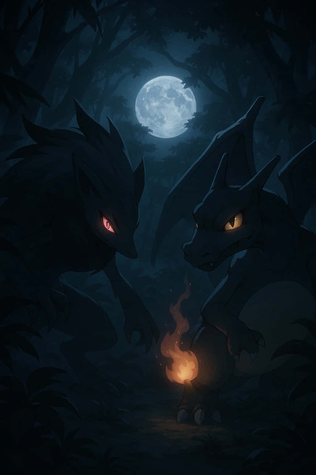 Charizard Pokemon HD Wallpaper WEBP 4K Background Download 壁紙 — 兩個黑暗奇幻生物，眼睛發光，在滿月下對峙，它們之間有一小堆火在陰暗的森林中燃燒。
