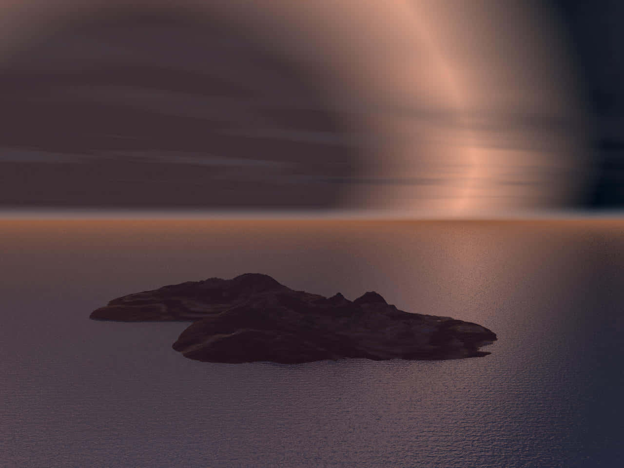 Dark Island 桌布 壁紙 — 兩個黑暗的島嶼在廣闊的海洋中靜靜漂浮，暮色天空下柔和的金色光芒在水面上反射。