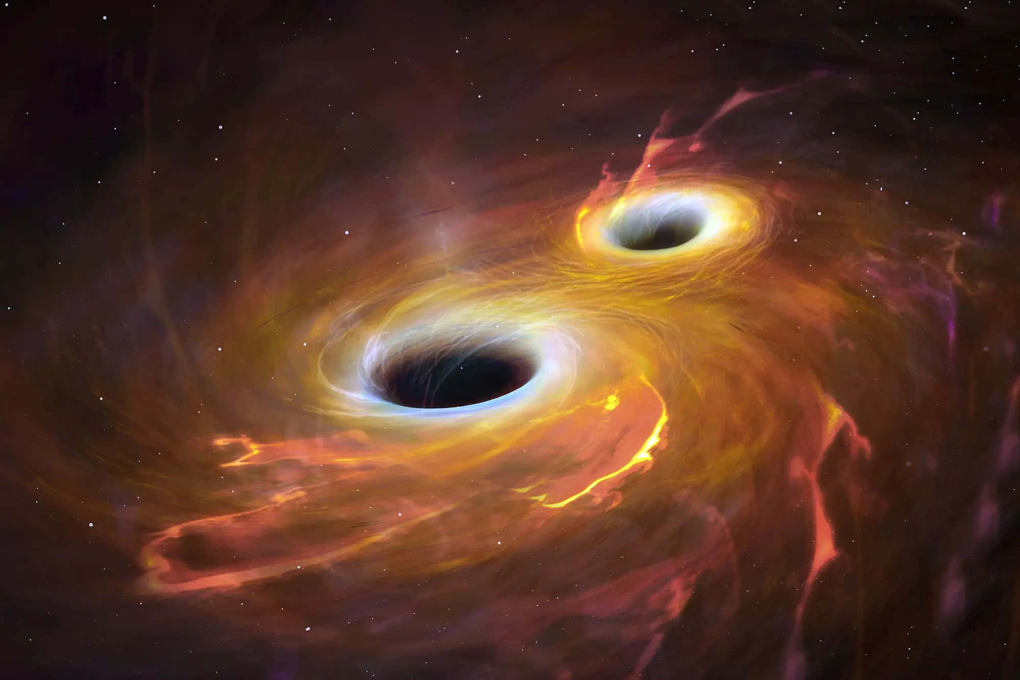 Black Hole Hubble Telescope 桌布 壁紙 — 兩個黑洞在一個由熾熱橙色和紫色宇宙氣體組成的漩渦中相互環繞，背景是星空虛空。