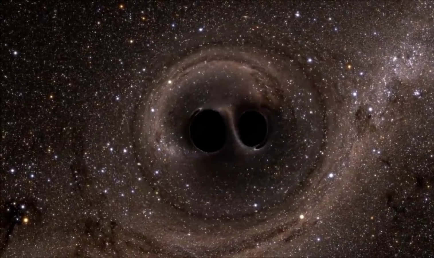 Scary Space 桌布 壁紙 — 兩個黑洞在宇宙舞蹈中環繞，周圍環繞著旋轉的星星和宇宙塵埃。
