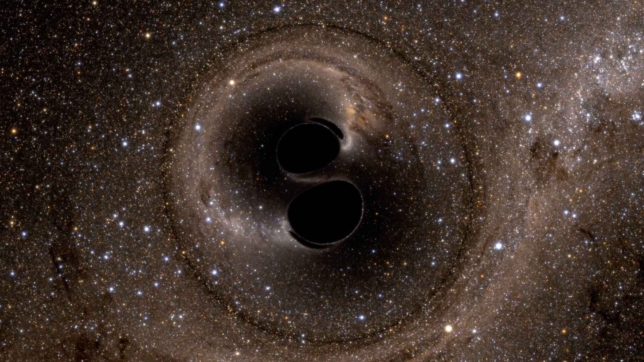 多重宇宙 桌布 壁紙 — 兩個黑洞在星場背景下互相環繞，帶有旋轉的吸積盤和宇宙塵埃。