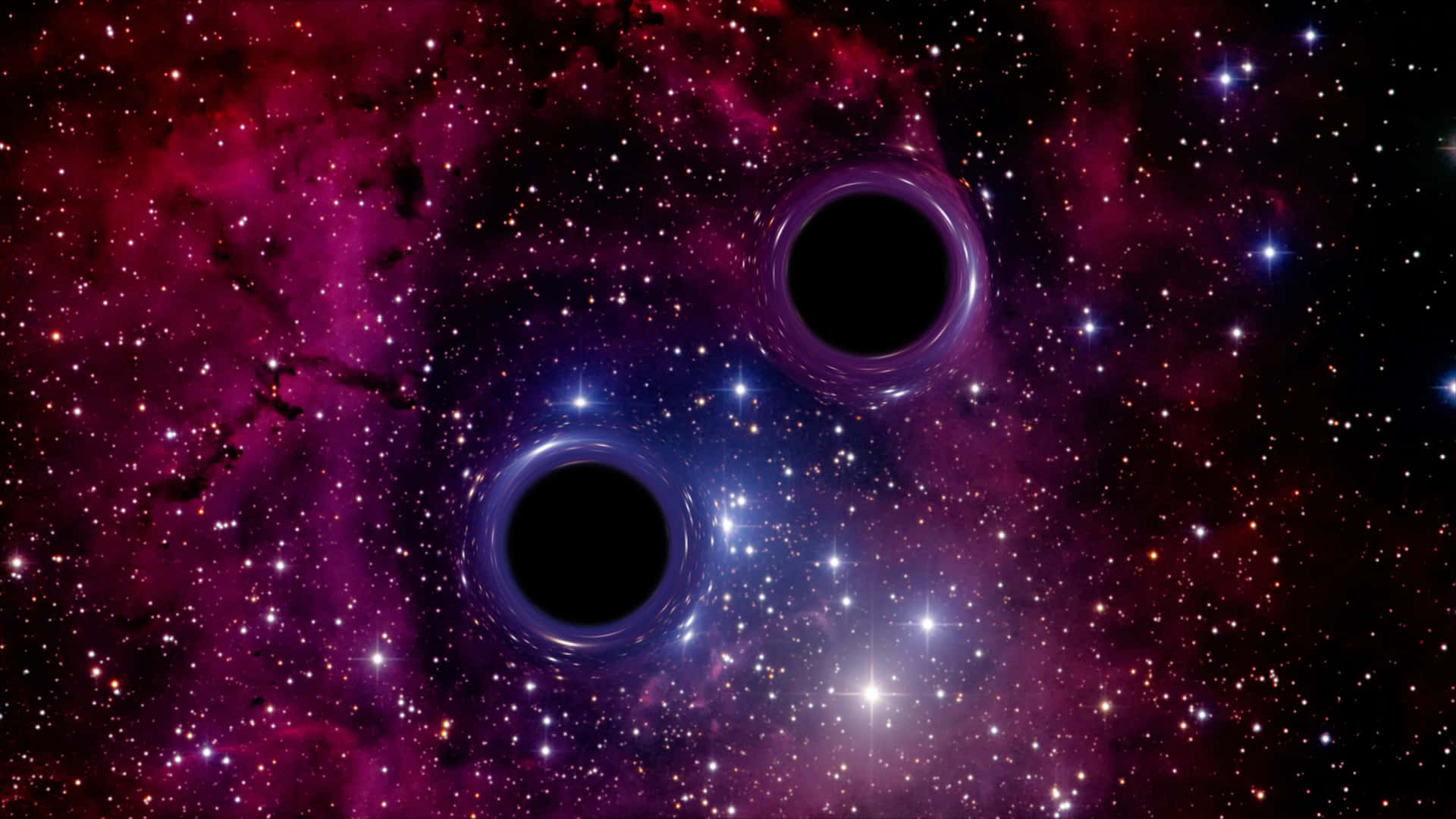 Black Hole Hubble Telescope 桌布 壁紙 — 兩個黑洞在紫色星雲和閃爍星星的鮮豔宇宙背景下互相環繞。