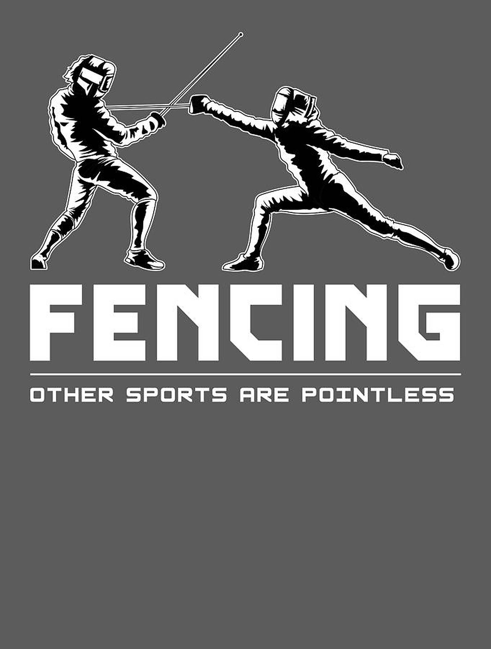 Fencing 桌布 壁紙 — 兩個黑白剪影的劍擊手在灰色背景上劍鋒相交，並以粗體文字宣稱劍擊是優越的運動。