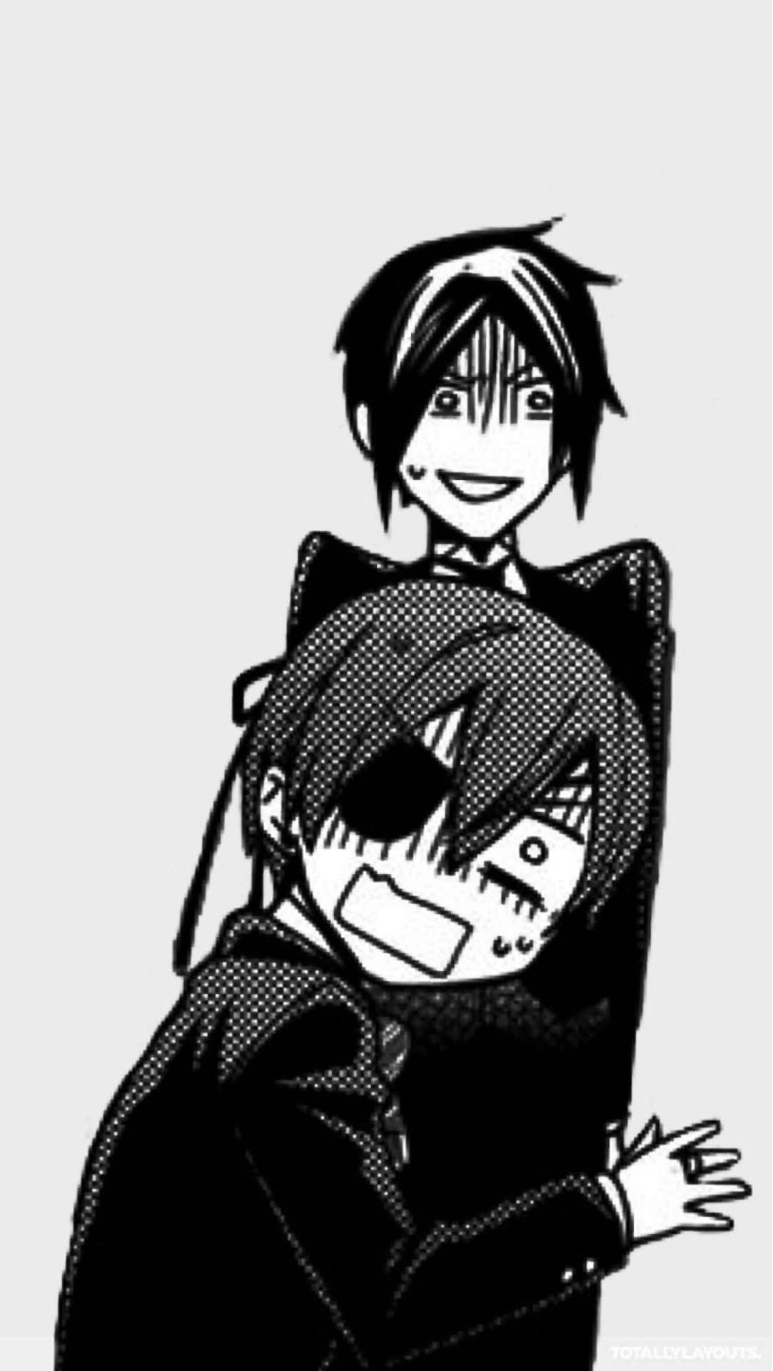 Black Butler 桌布 壁紙 — 兩個黑白動漫角色，一個微笑著擁抱另一個，後者看起來驚訝又調皮。
