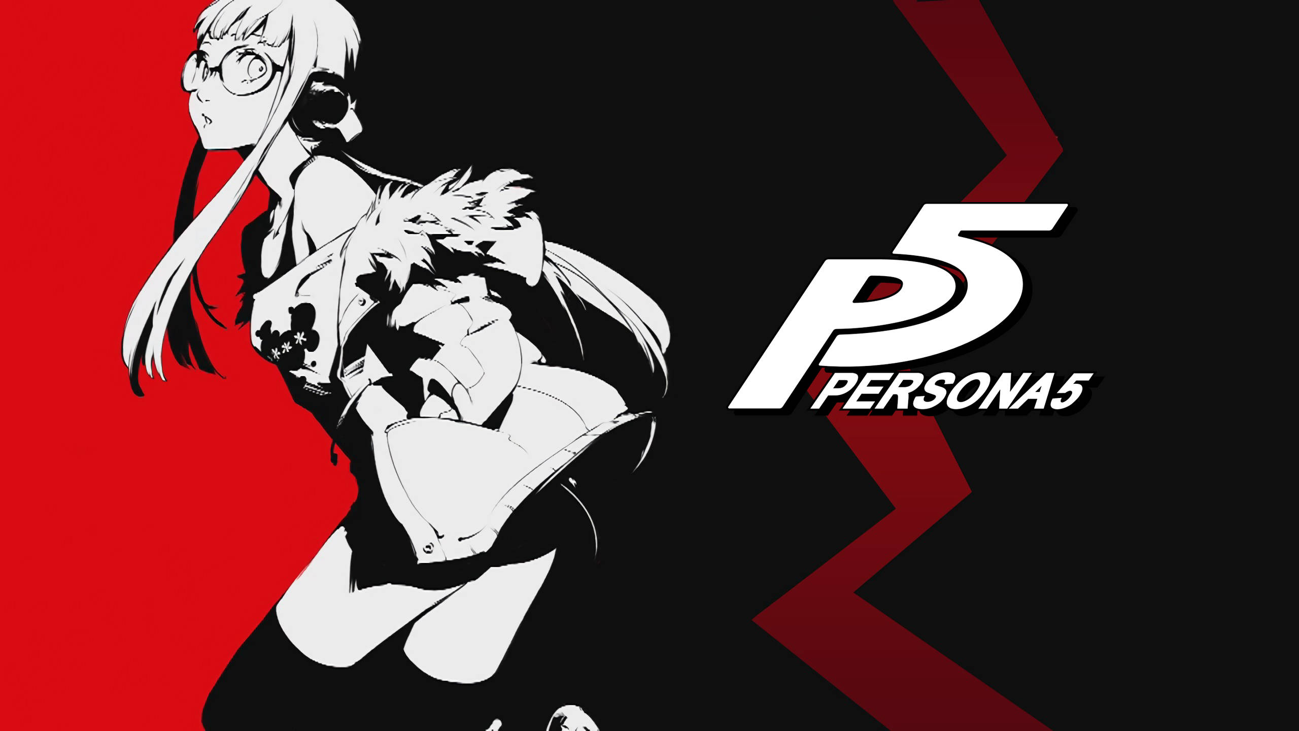女神異聞錄5 桌布 壁紙 — 兩個黑白動漫角色在帶有 Persona 5 標誌的大膽紅黑背景前動態擺姿勢。