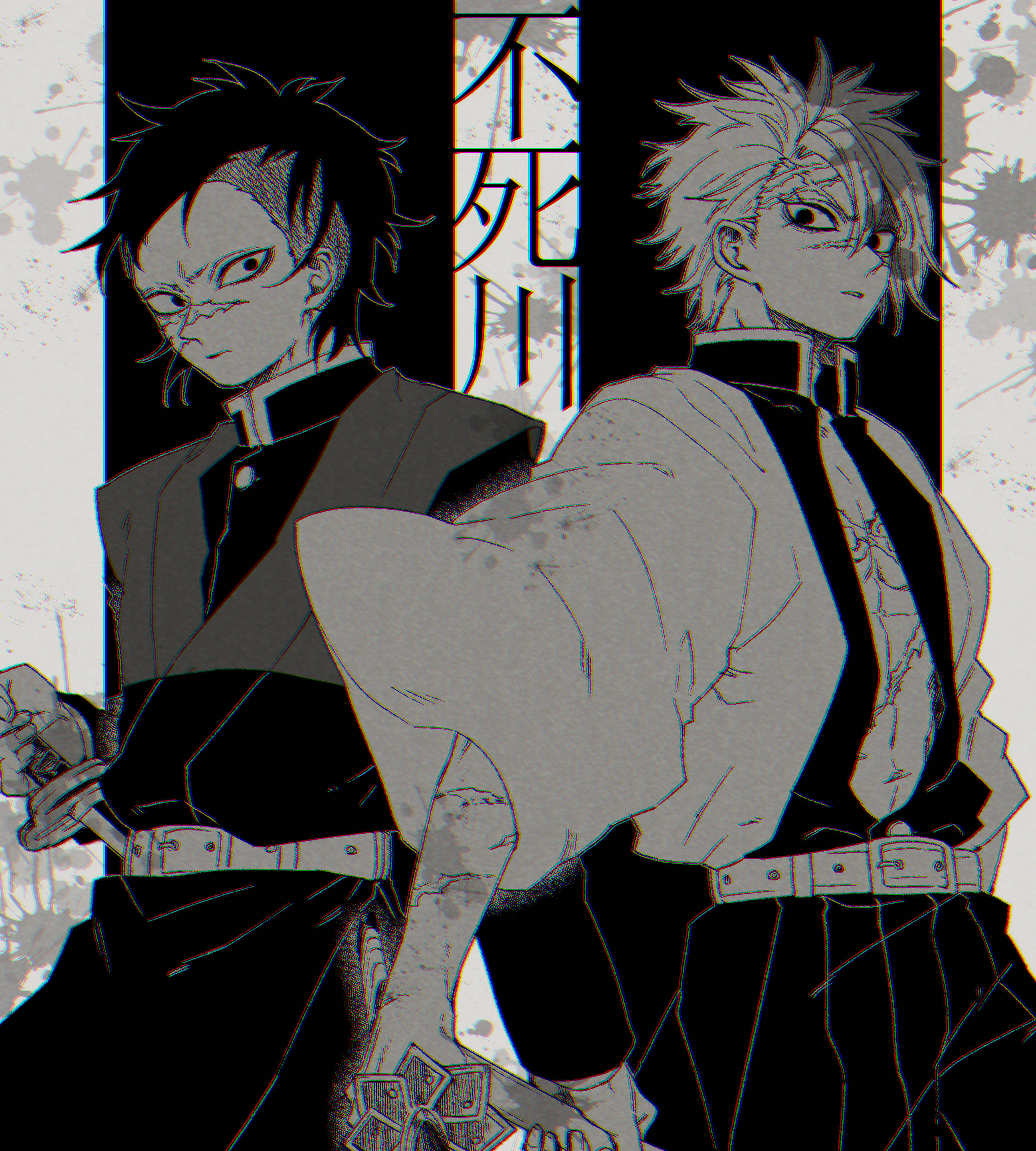 genya 桌布 壁紙 — 兩個黑白動漫角色帶著強烈表情並肩站立，背景有濺灑的日文字句。