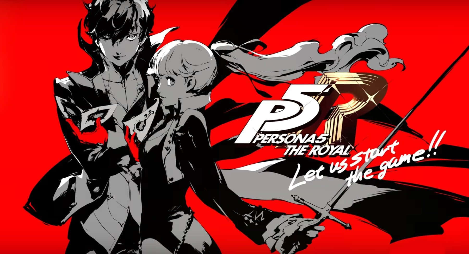 Joker Persona 5 桌布 壁紙 — 兩個黑白動漫角色站在大膽的紅色背景前，帶有「Persona 5 The Royal」文字和一把劍。