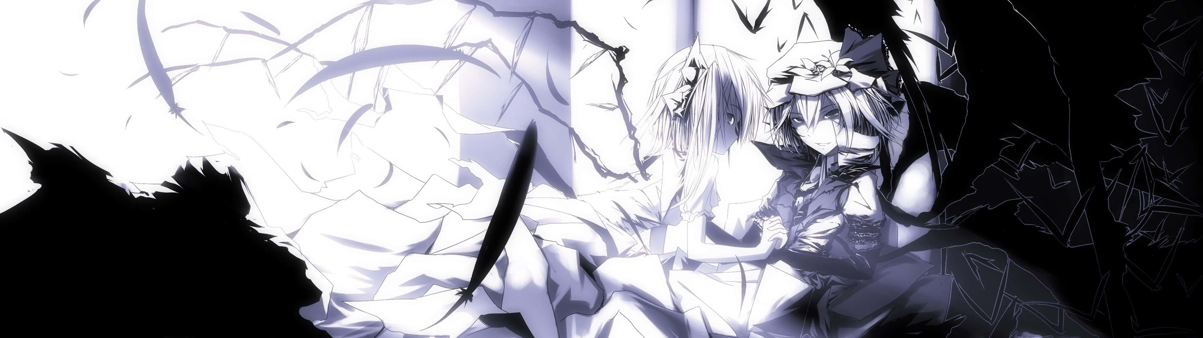 3840 X 1080 Anime HD 桌布 壁紙 — 兩個黑白動畫女孩坐在碎玻璃中，一把刀片在她們之間落下。