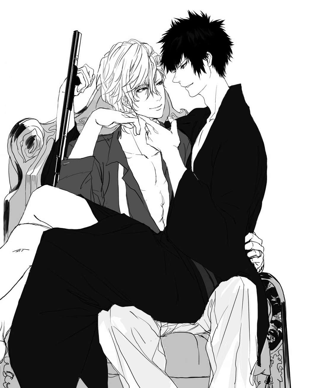 Bl Anime 桌布 壁紙 — 兩個黑白動畫男人在一張華麗的椅子上分享親密時刻，其中一人拿著步槍。