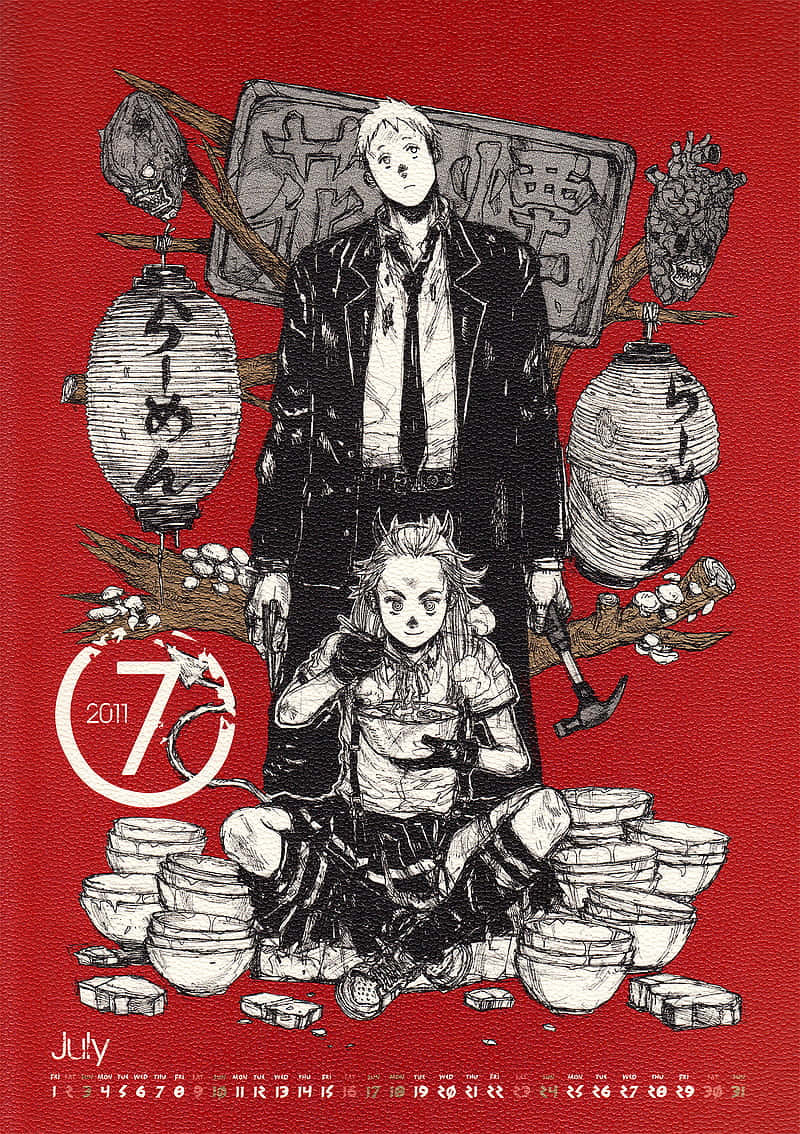 dorohedoro 桌布 壁紙 — 兩個黑白墨水的動漫角色站在鮮紅色背景前，背景有日本燈籠和骷髏頭。