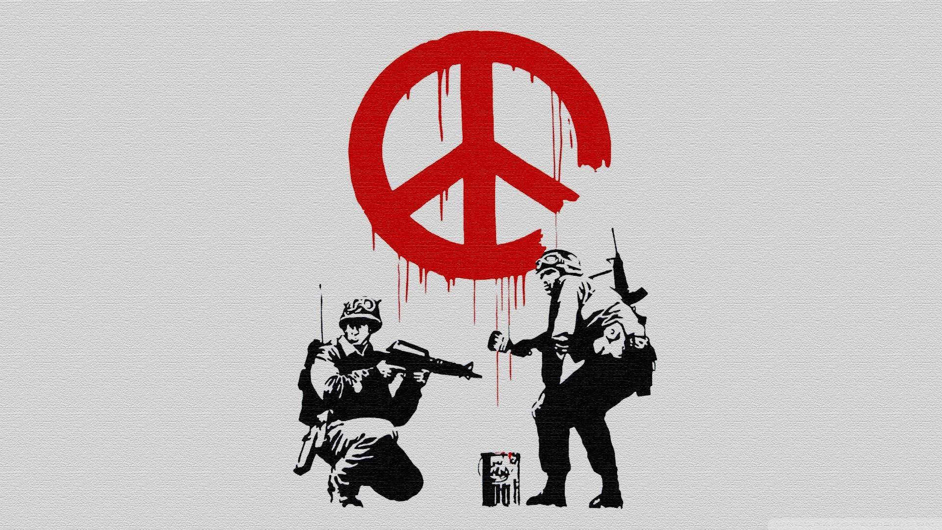 Banksy 桌布 壁紙 — 兩個黑白士兵在戰爭場景上噴灑一個滴落的紅色和平標誌。