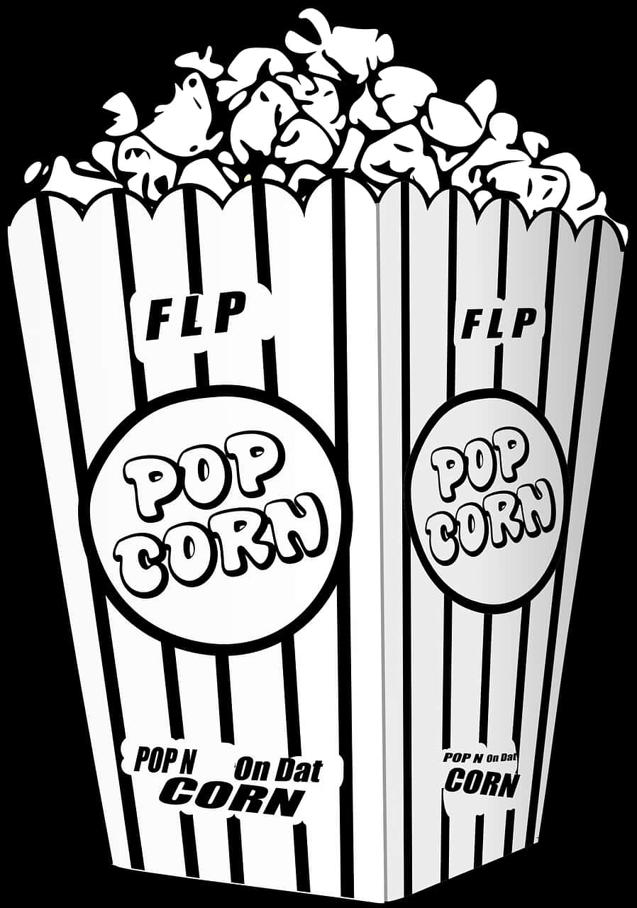 Popcorn Clipart 桌布 壁紙 — 兩個黑白條紋爆米花桶，裝滿爆開的爆米花粒，並印有粗體文字。