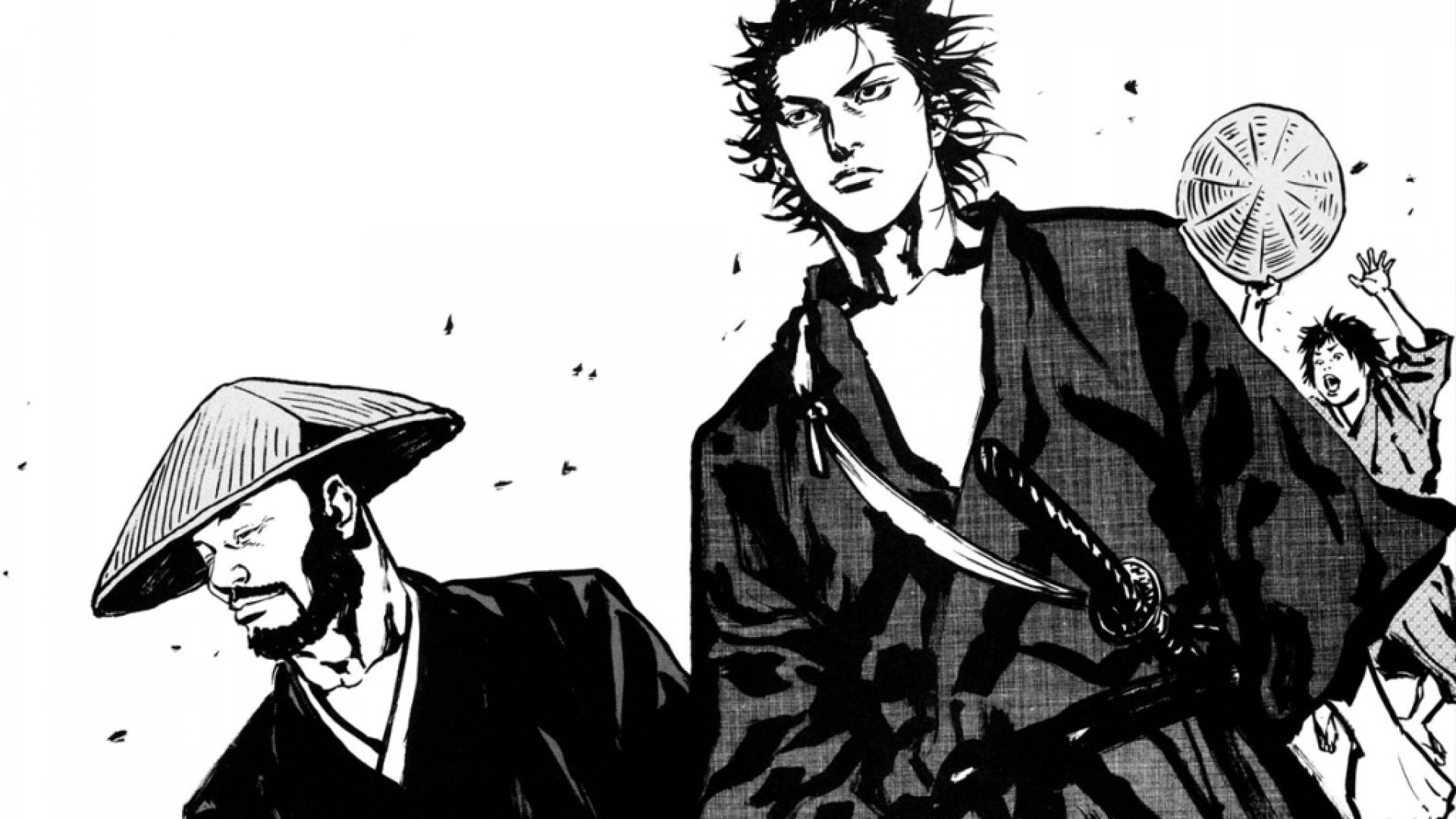 Vagabond 桌布 壁紙 — 兩個黑白漫畫風格的武士，一個拔刀向前，另一個戴著錐形帽低頭，帶有戲劇性的墨水飛濺效果。