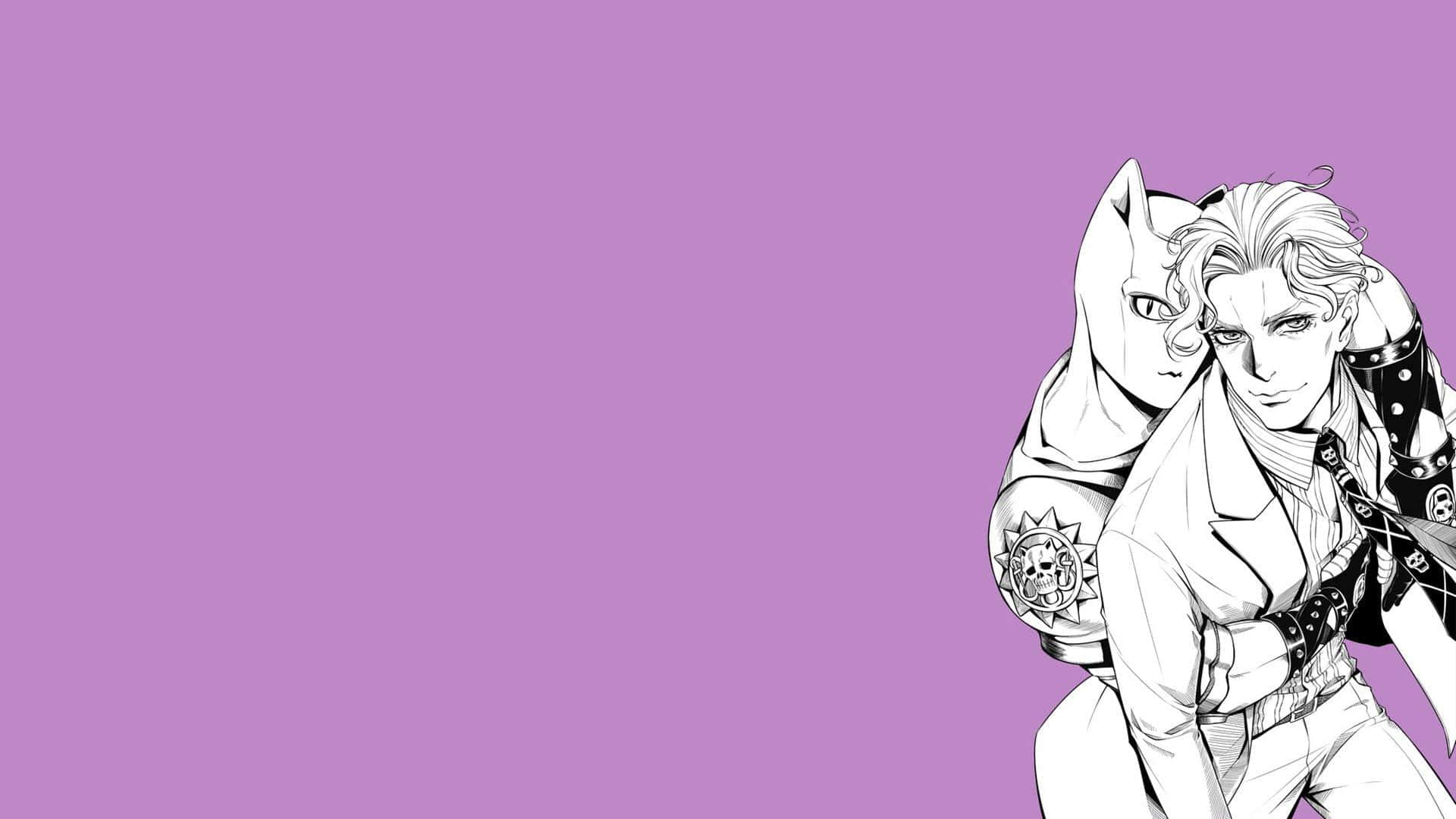 Kira Yoshikage 桌布 壁紙 — 兩個黑白線條動漫角色在純色薰衣草背景前擺姿勢。