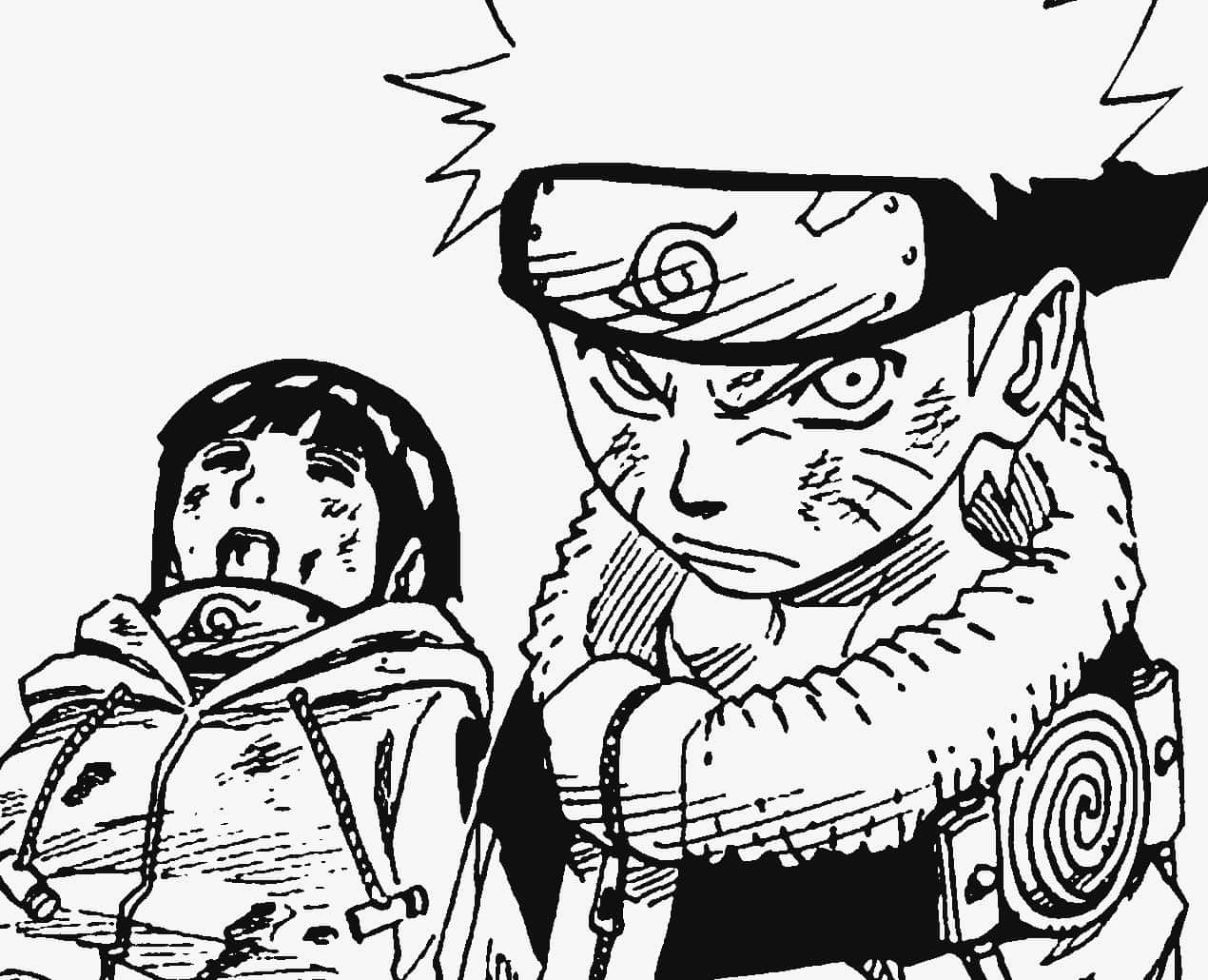 Naruto Manga 桌布 壁紙 — 兩個黑白線條藝術的動漫角色，一個有尖刺頭髮和頭帶，另一個較小穿著連帽外套。