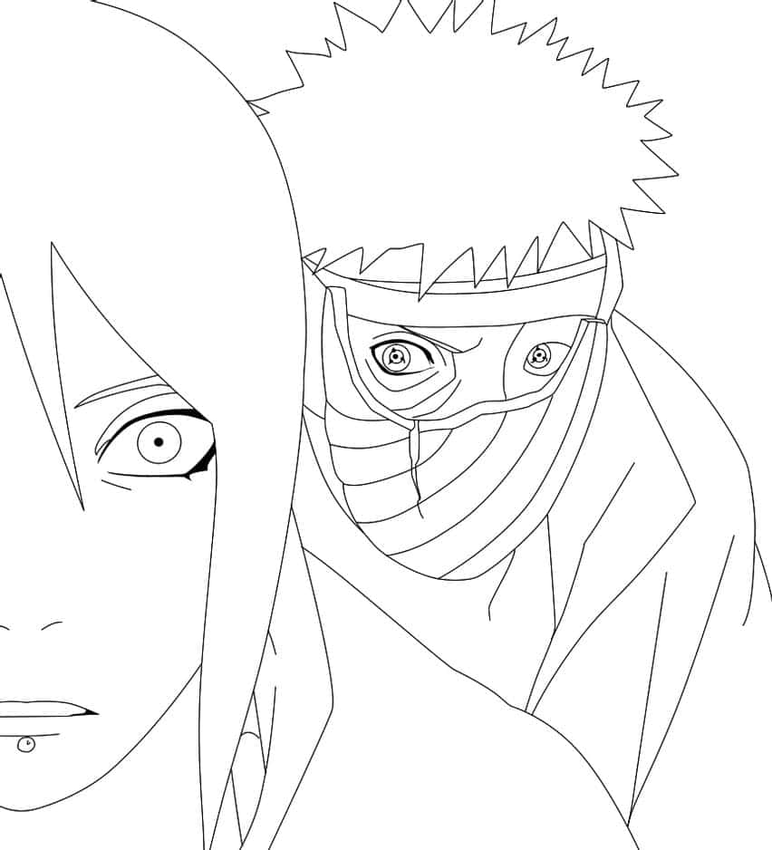 Akatsuki Drawing 桌布 壁紙 — 兩個黑白線條藝術的動漫角色，一個有尖刺頭髮和面具，另一個有長髮和可見的眼睛。