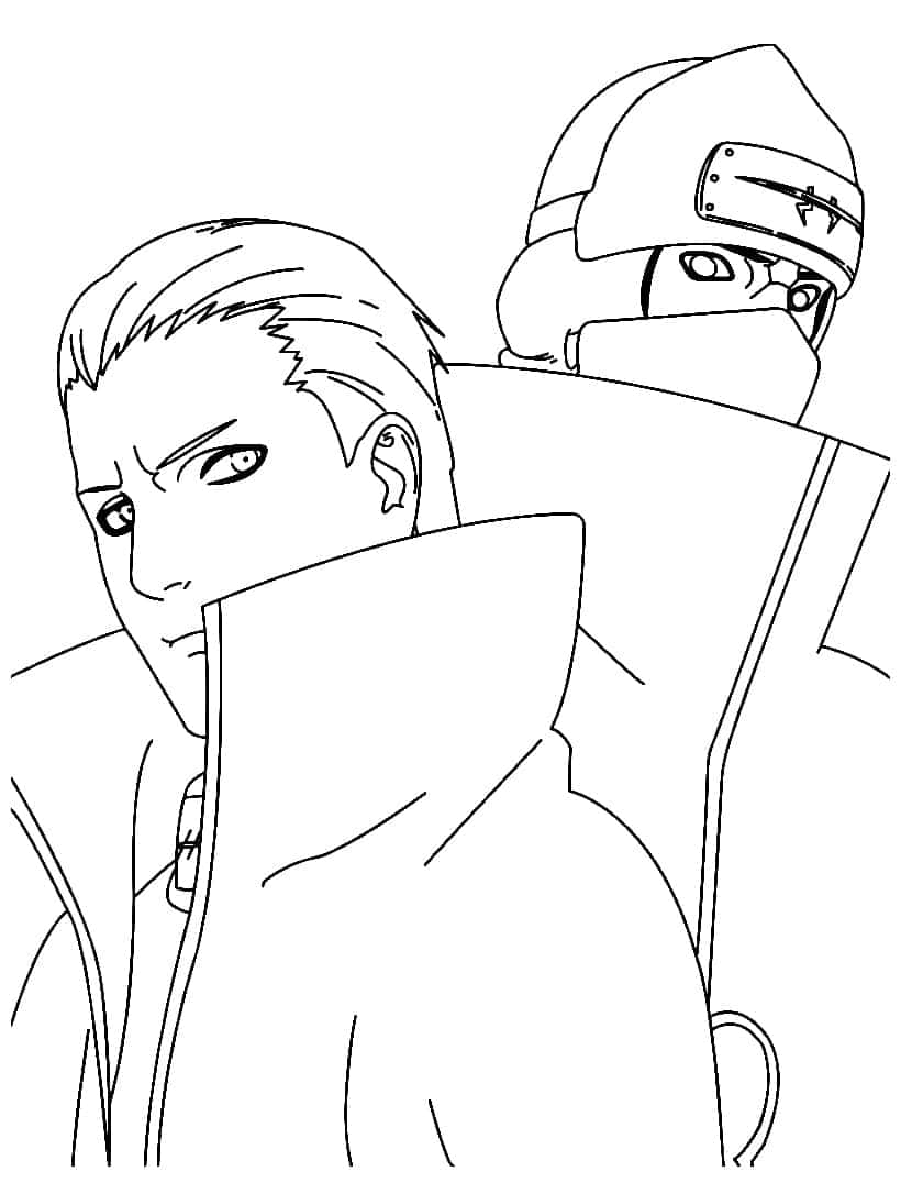 Akatsuki Drawing 桌布 壁紙 — 兩個黑白線條藝術的動漫角色，一個臉部可見，另一個戴頭巾遮蓋。