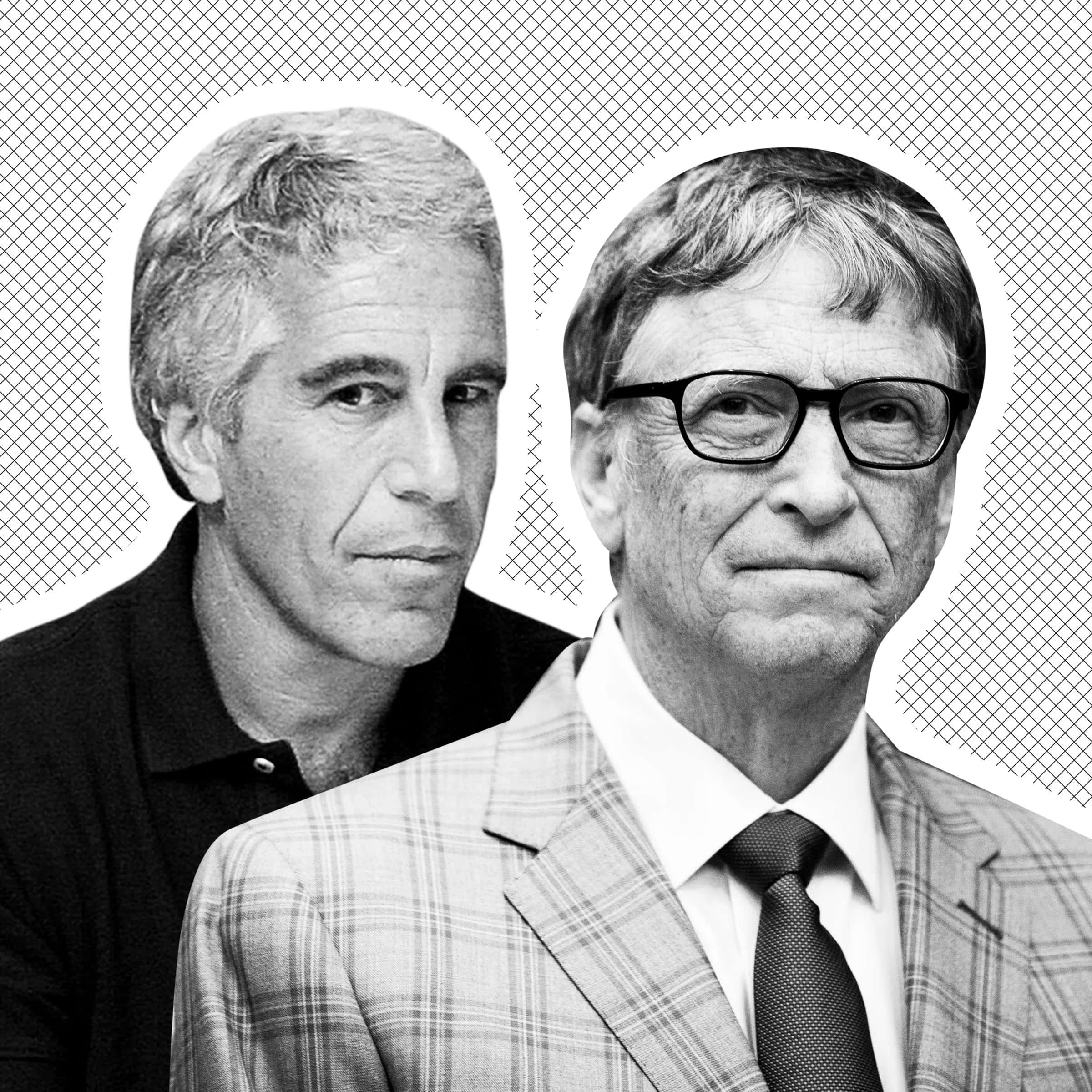 Bill Gates And Epstein 桌布 壁紙 — 兩個黑白肖像的男人剪裁在格子背景上，邊緣有縫線。