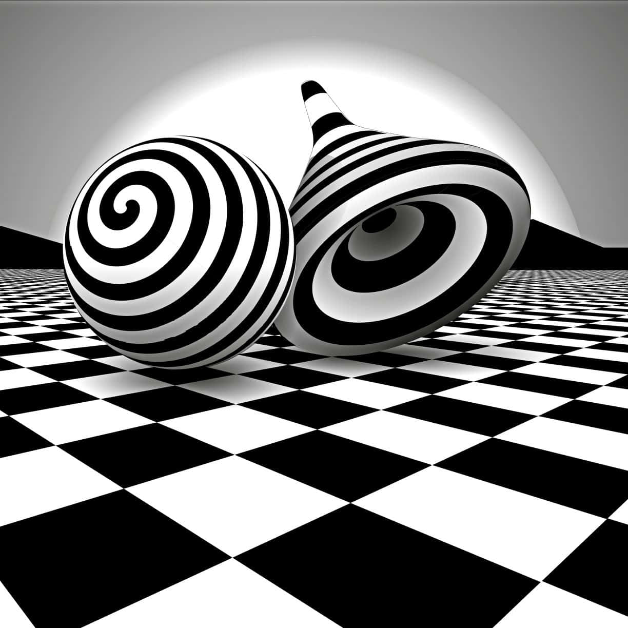 抽象 桌布 壁紙 — 兩個黑白螺旋幾何形狀放置在發光球體下方的棋盤格地板上。