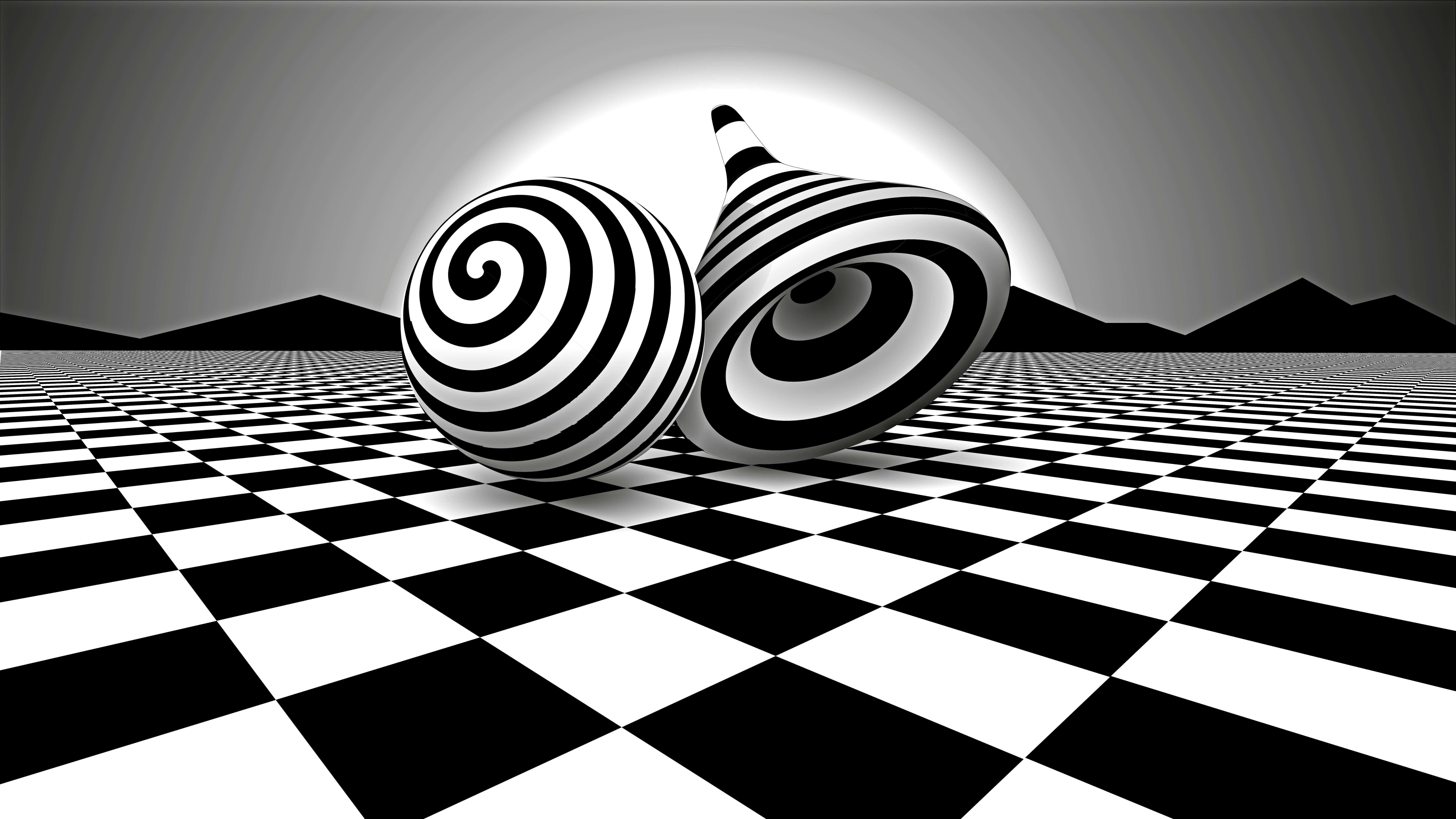 Illusion 桌布 壁紙 — 兩個黑白螺旋物體放置在棋盤格地板上，下方有一個發光的球體，遠方有山脈。