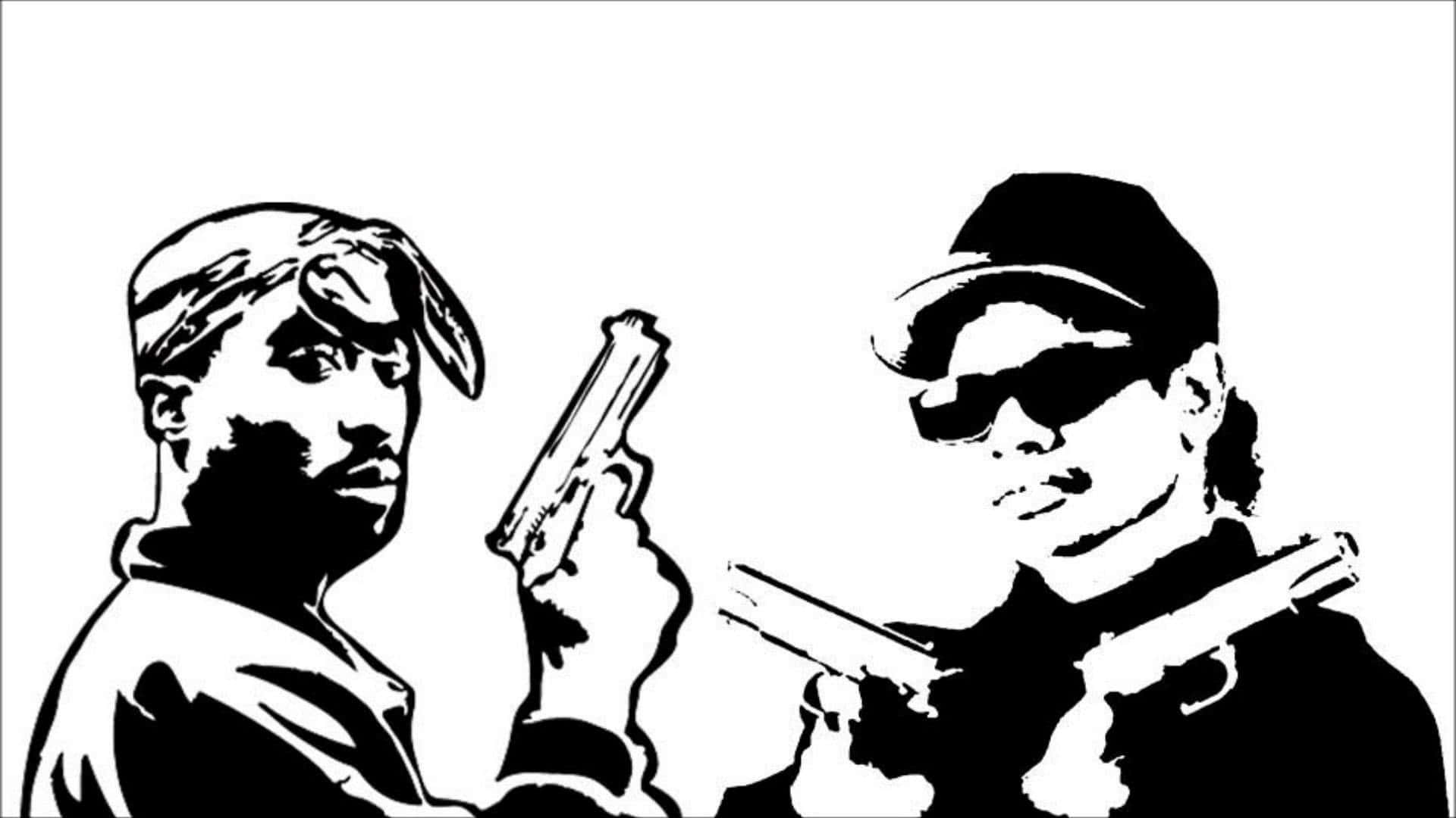 tupac 桌布 壁紙 — 兩個黑白風格化的男人互相持槍對峙，呈現高對比度的圖形插圖。