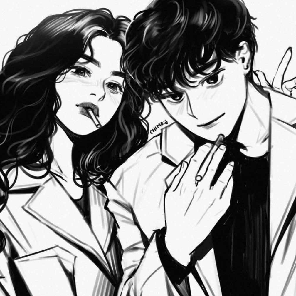 Matching Couple Profile 桌布 壁紙 — 兩個黑白風格的時尚動漫角色，在煙霧繚繞中分享親密時刻，手裡拿著香煙。