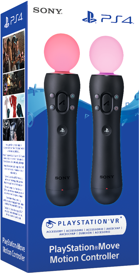 PlayStation 桌布 壁紙 — 兩個黑色PlayStation Move動態控制器，帶有發光粉紅色球體，顯示在藍色產品盒上。