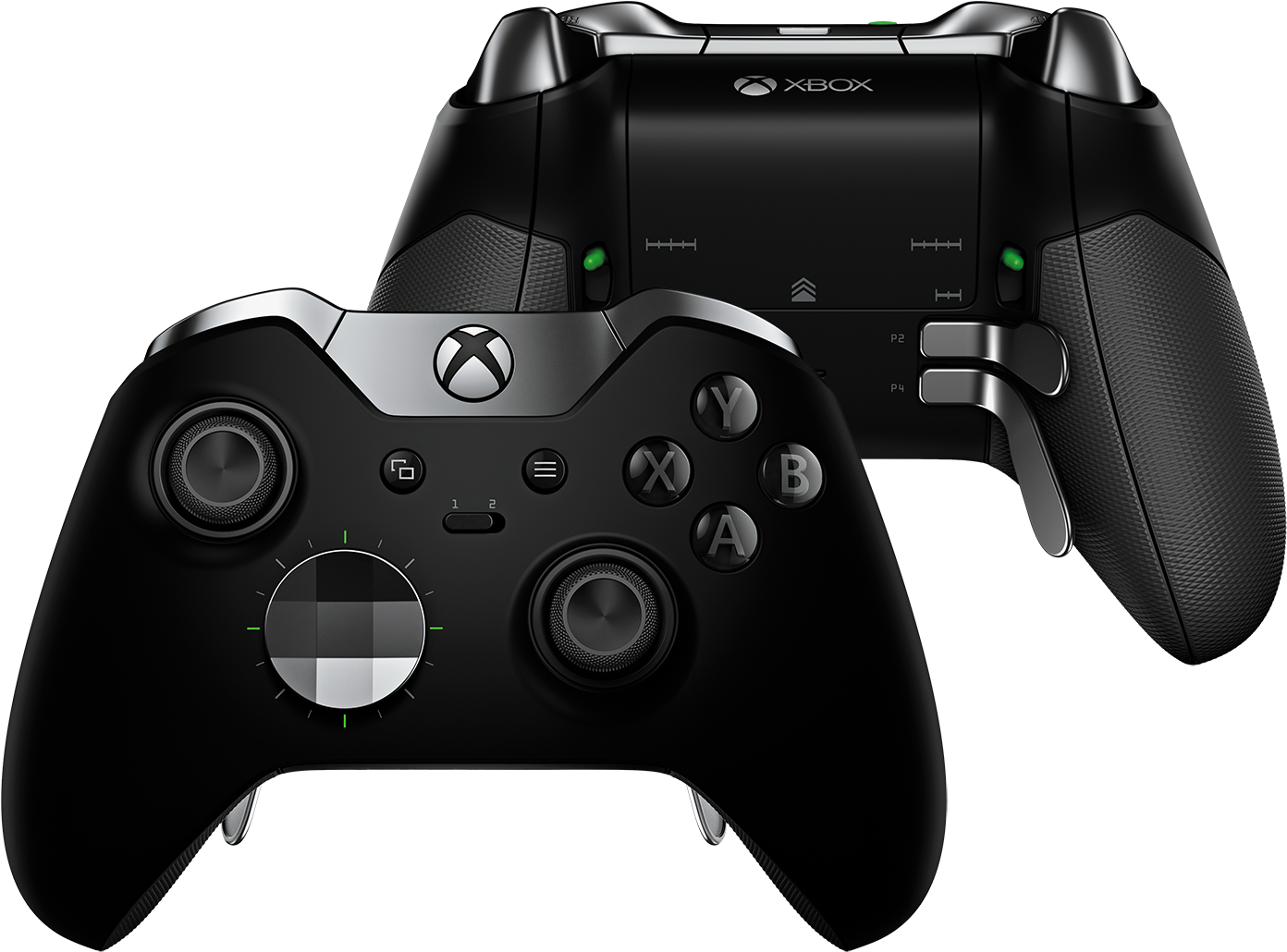 Xbox 桌布 壁紙 — 兩個黑色Xbox控制器，帶有銀色裝飾和發光綠色燈光，背景為純黑色。