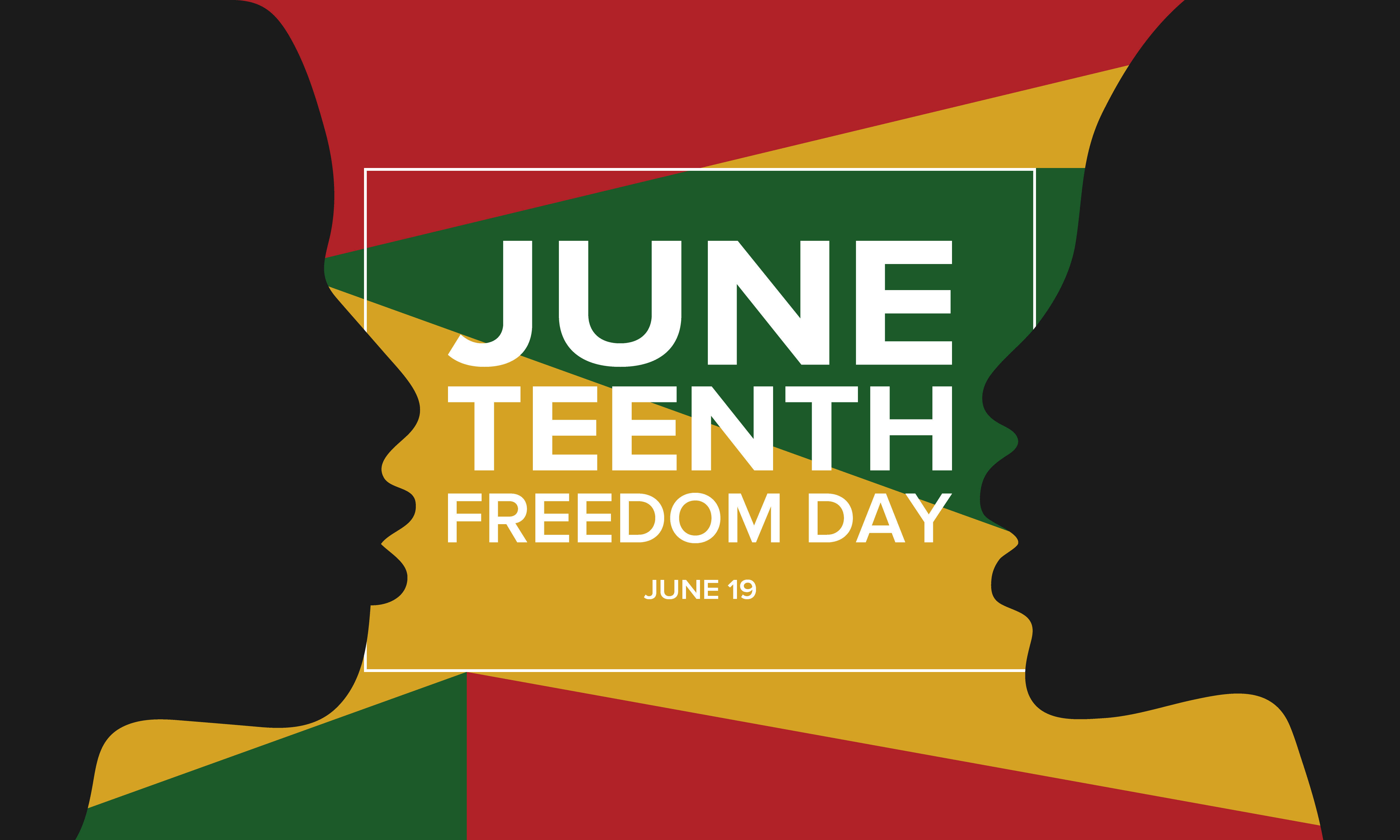 Juneteenth 桌布 壁紙 — 兩個黑色剪影側面在鮮豔的紅、綠、黃色背景上相對而立，並以粗體文字慶祝6月19日自由日。