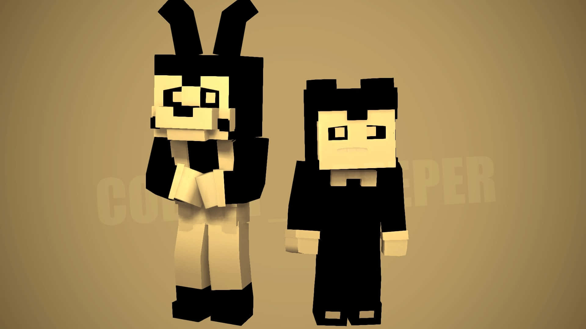 Bendy 桌布 壁紙 — 兩個黑色和奶油色的方塊像素角色並排站在米色背景前。