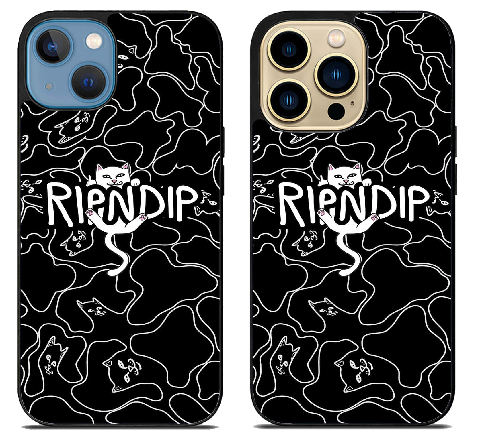 ripndip 桌布 壁紙 — 兩個黑色手機殼，上面有白色線條貓咪圖案和粗體塗鴉風格的「RIENDIP」字樣。