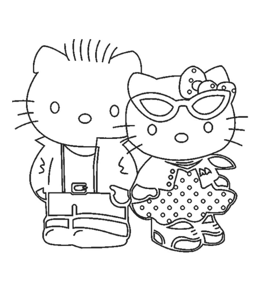 Kawaii Hello Kitty 桌布 壁紙 — 兩個黑色輪廓風格的Hello Kitty角色，一個拿著公事包，另一個戴著太陽眼鏡和穿著圓點裙。