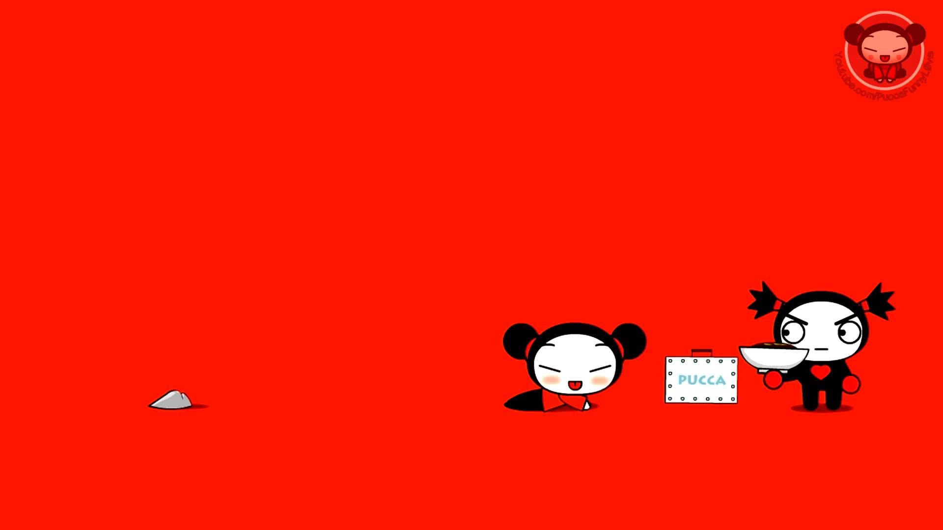Pucca 桌布 壁紙 — 兩個黑色辮子的卡通角色站在純紅色背景前，一個拿著碗，另一個拿著標有PUCCA的手提箱。