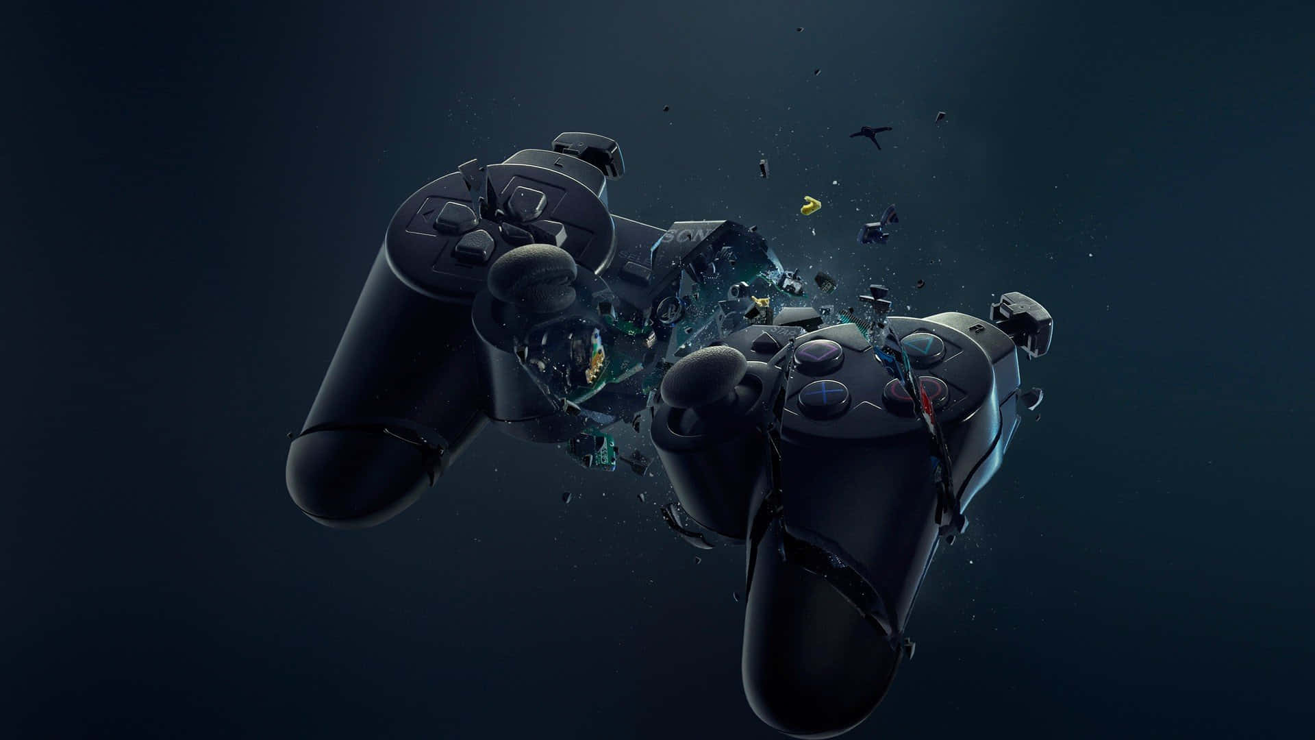 1920 X 1080 HD Gaming 桌布 壁紙 — 兩個黑色遊戲手把在深色背景前於半空中碎裂，釋放出色彩繽紛的數位粒子。