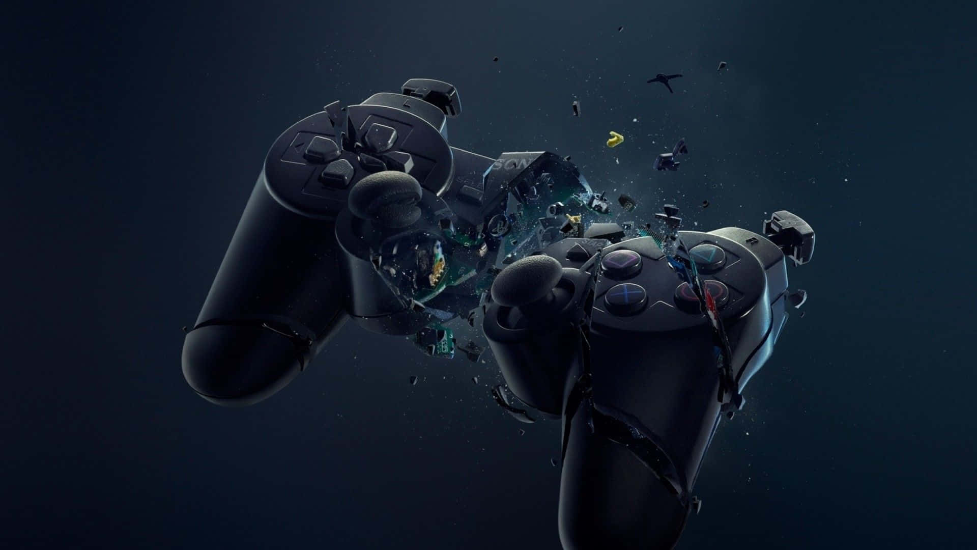Cool Gaming 桌布 壁紙 — 兩個黑色遊戲控制器在深色背景上戲劇性地碎裂，發光的碎片向外飛散。