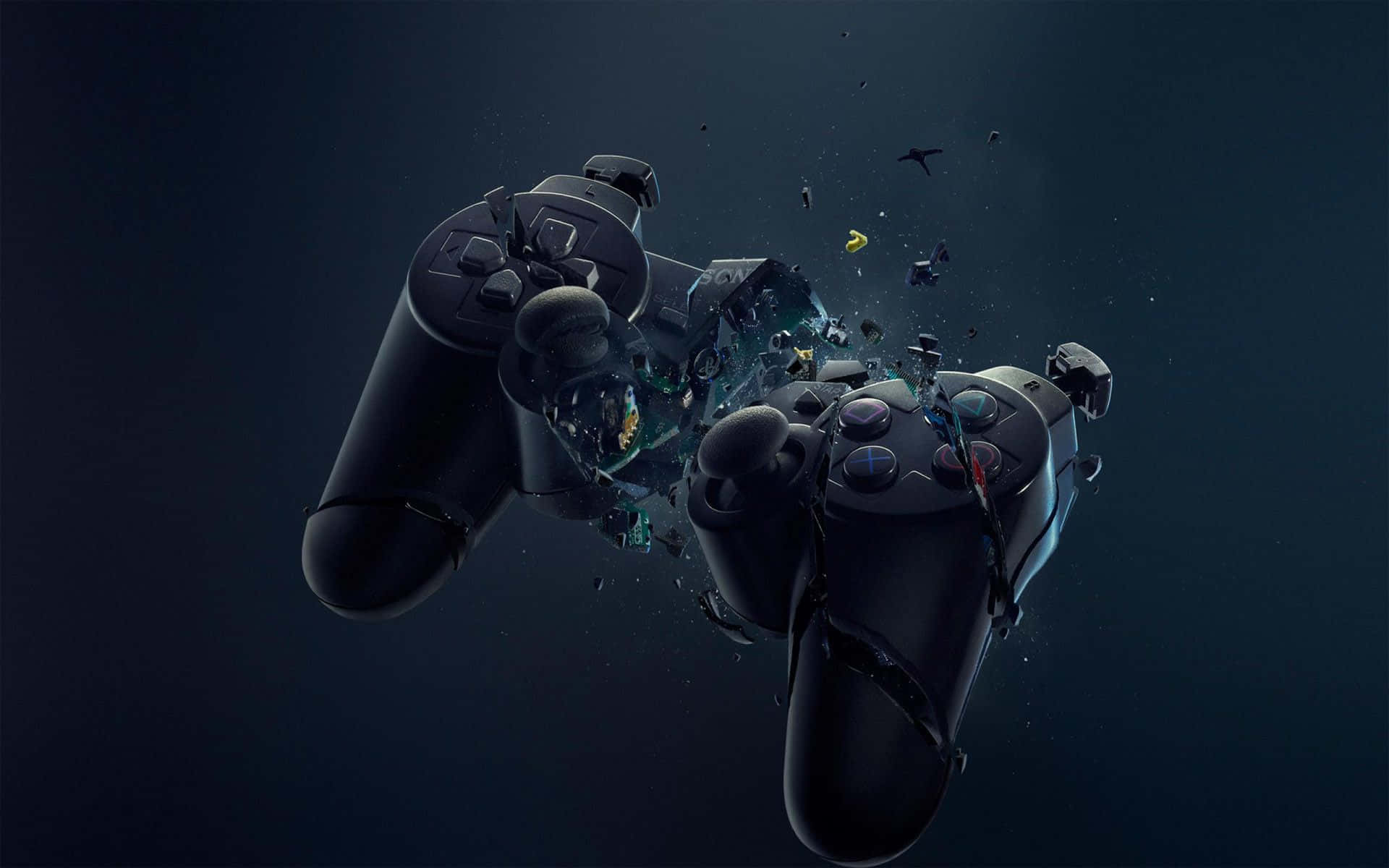 Xbox 桌布 壁紙 — 兩個黑色遊戲控制器在深藍色背景上，伴隨著發光粒子，在半空中戲劇性地碎裂。